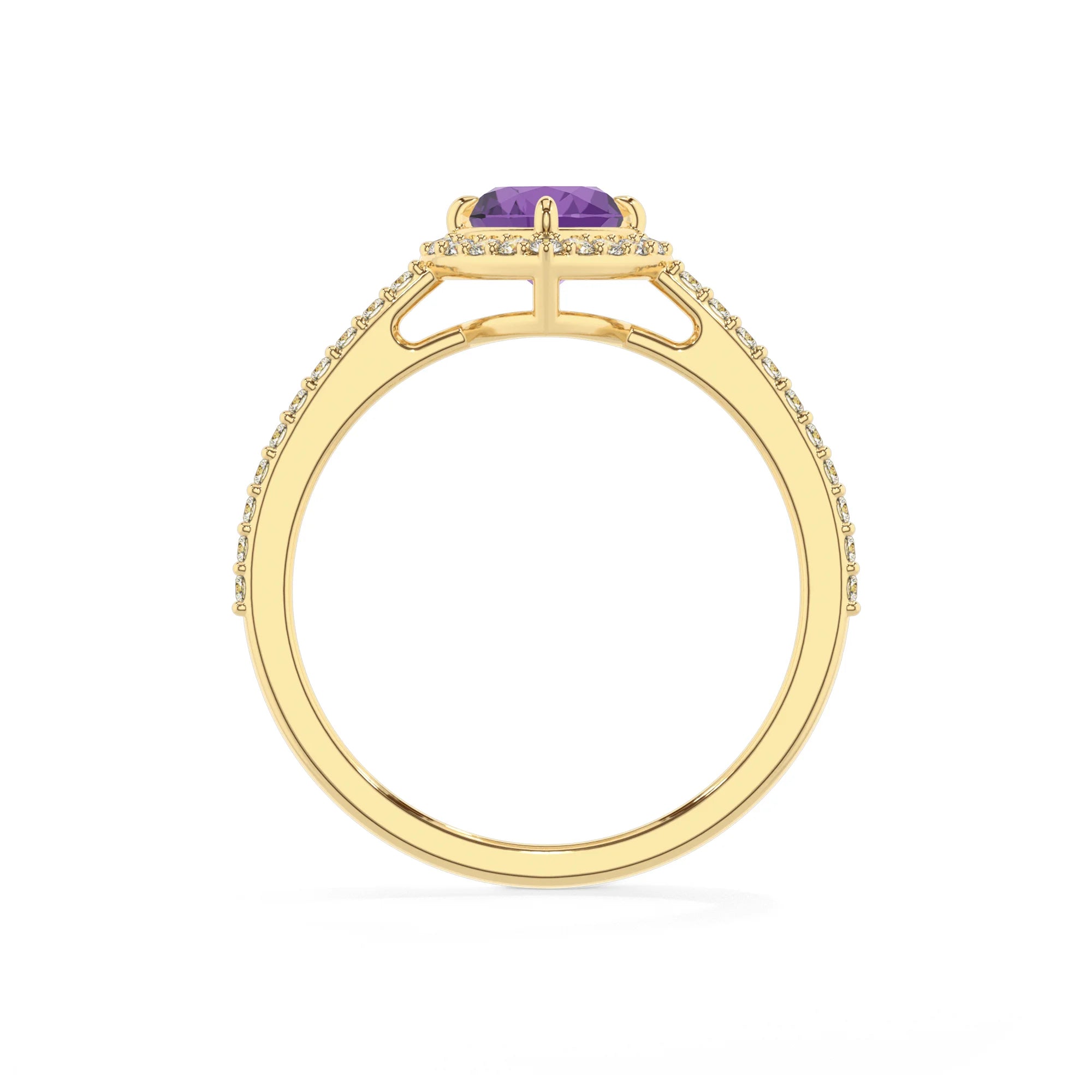 lab grown amethyst heart solitaire rings in yellow gold