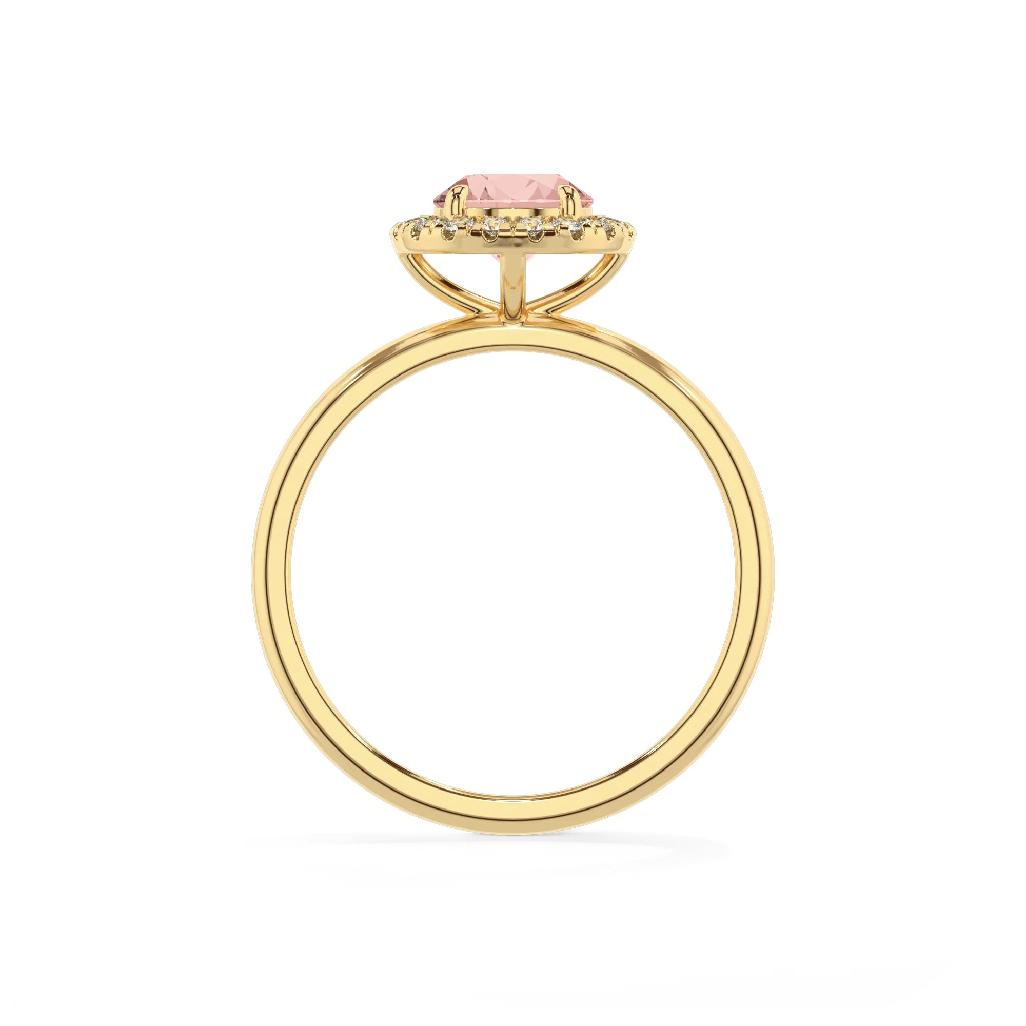 lab grown morganite round solitaire rings in yellow gold