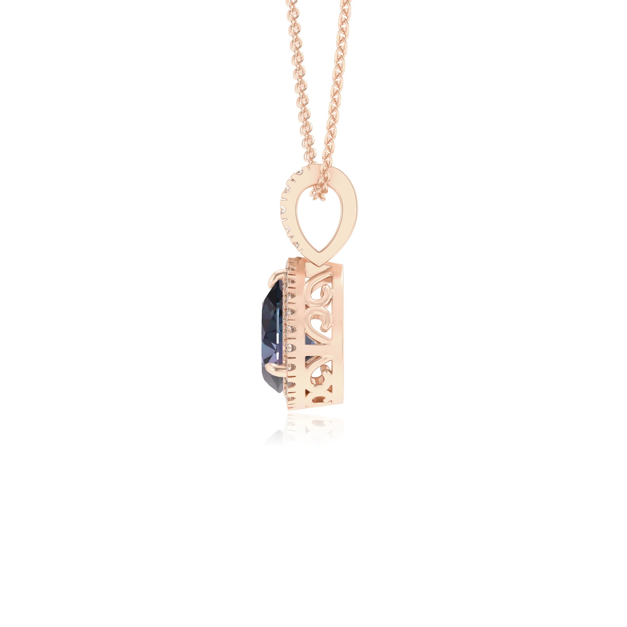 lab grown alexandrite pear solitaire necklaces in rose gold