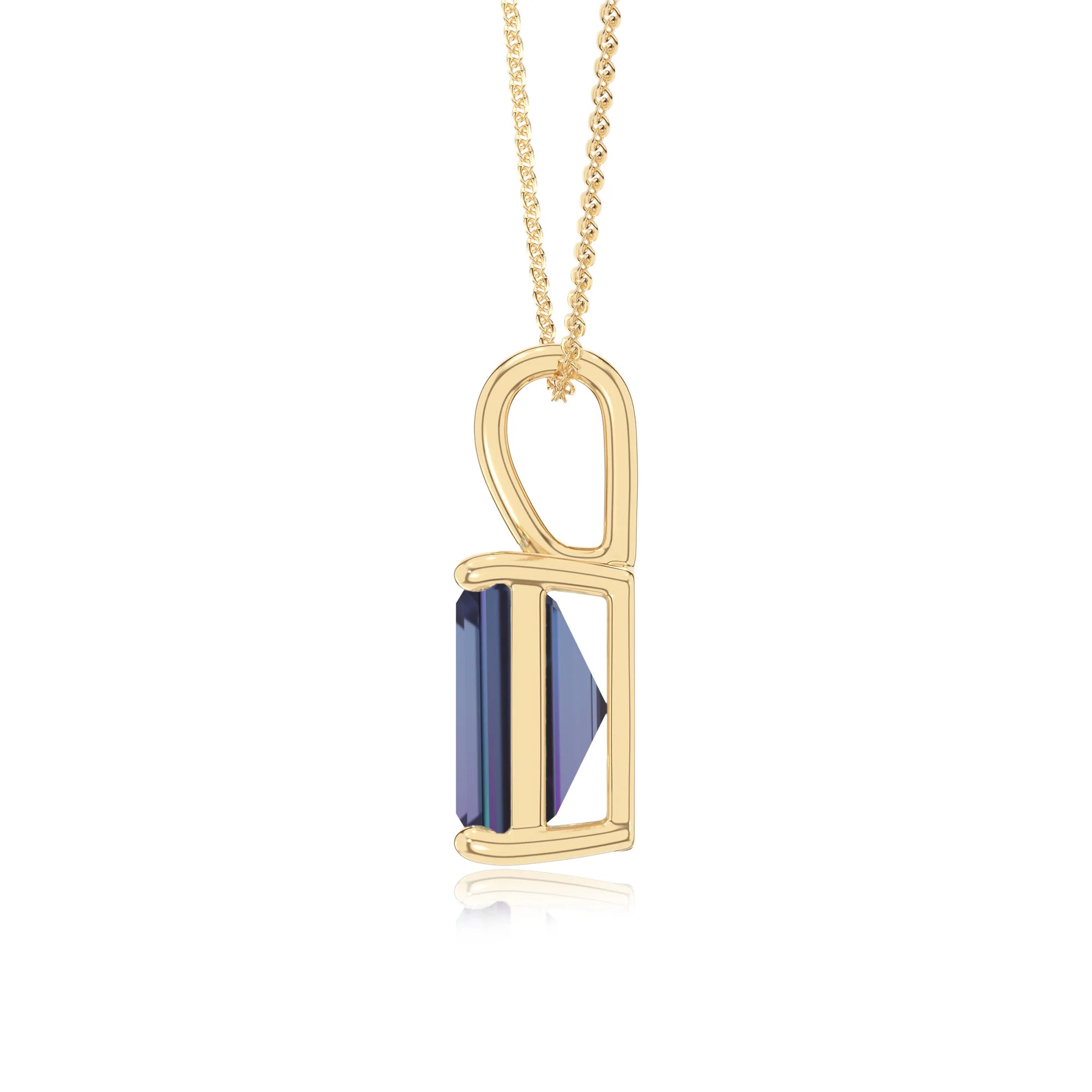 lab grown alexandrite emerald cut solitaire necklaces in yellow gold