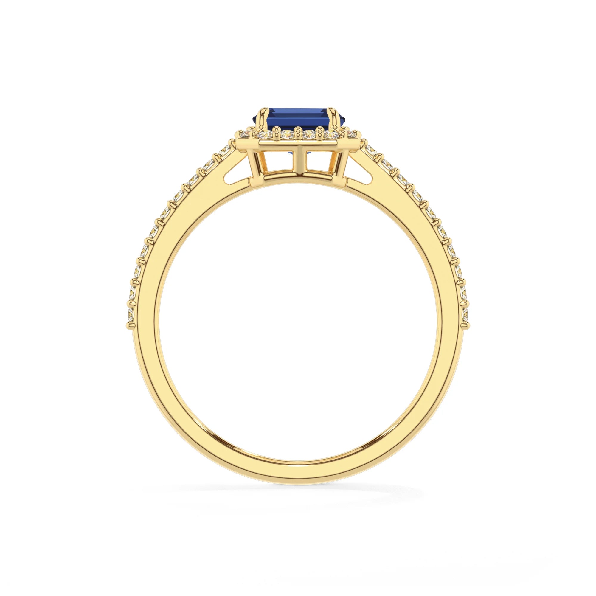 lab grown blue-sapphire emerald cut solitaire rings in yellow gold