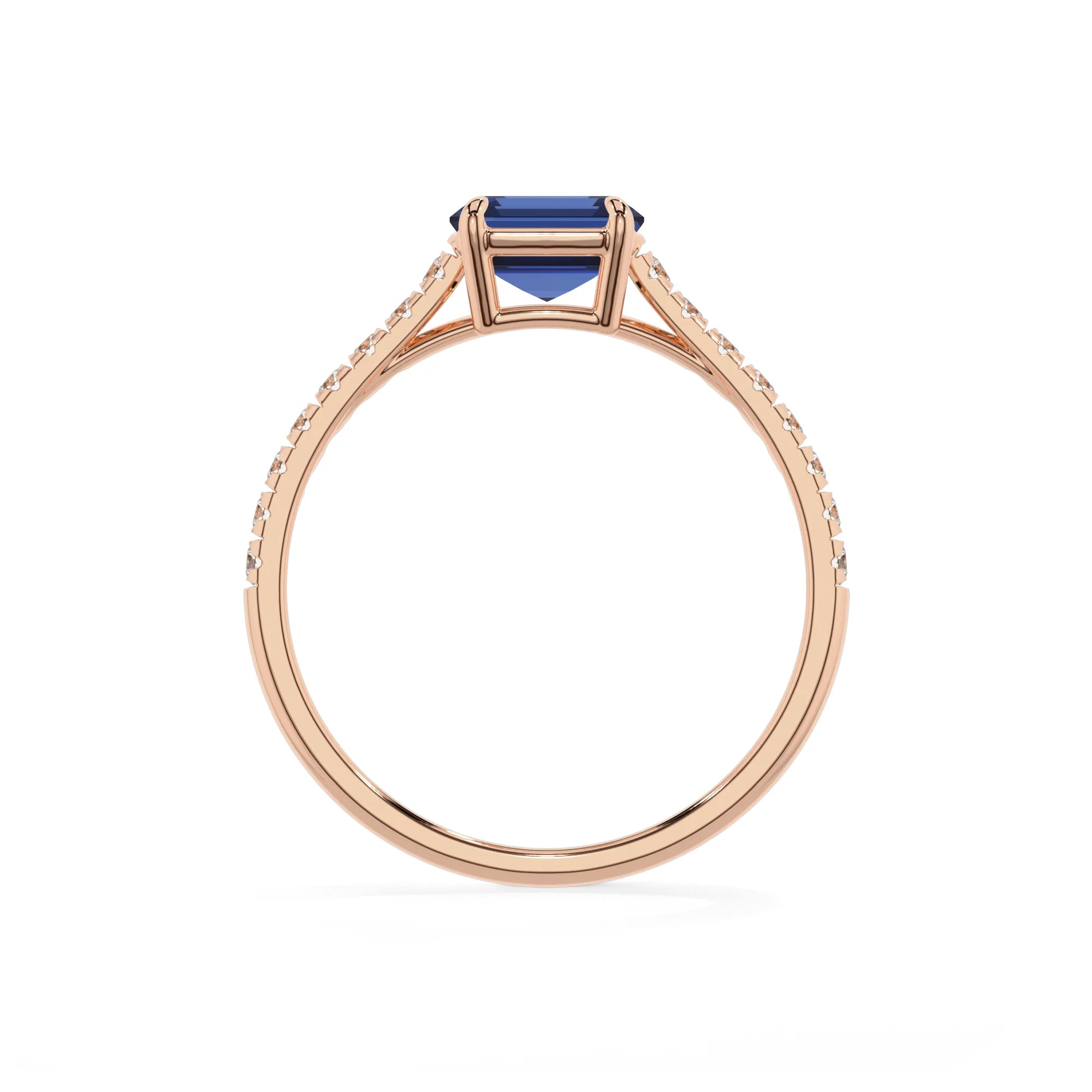 lab grown blue-sapphire emerald cut half eternity solitaire engagement rings in rose gold