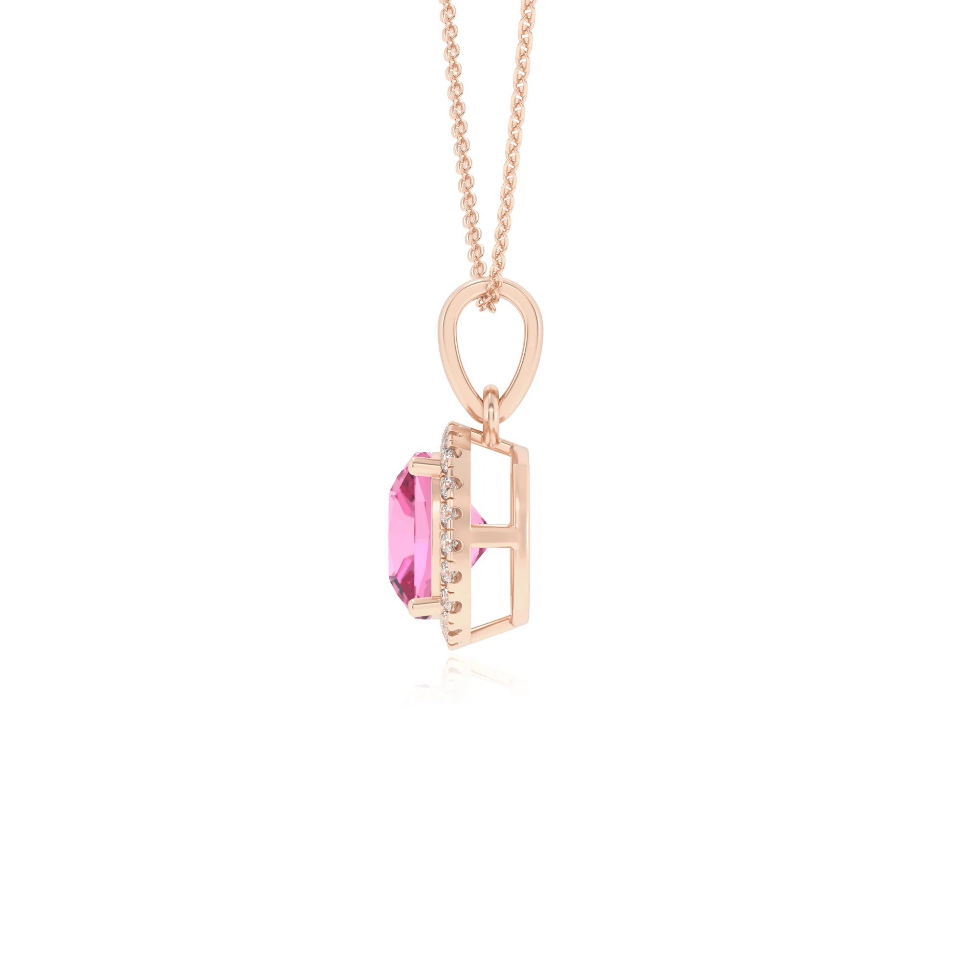 lab grown pink-sapphire cushion solitaire necklaces in rose gold