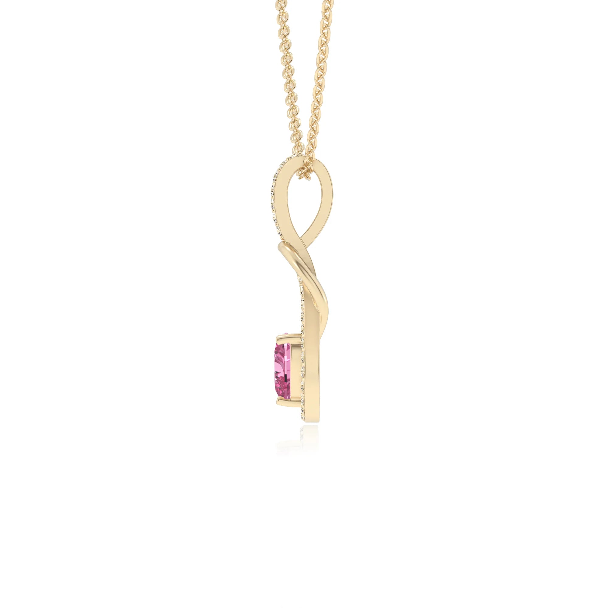 lab grown pink-sapphire heart infinity v-bale necklaces in yellow gold