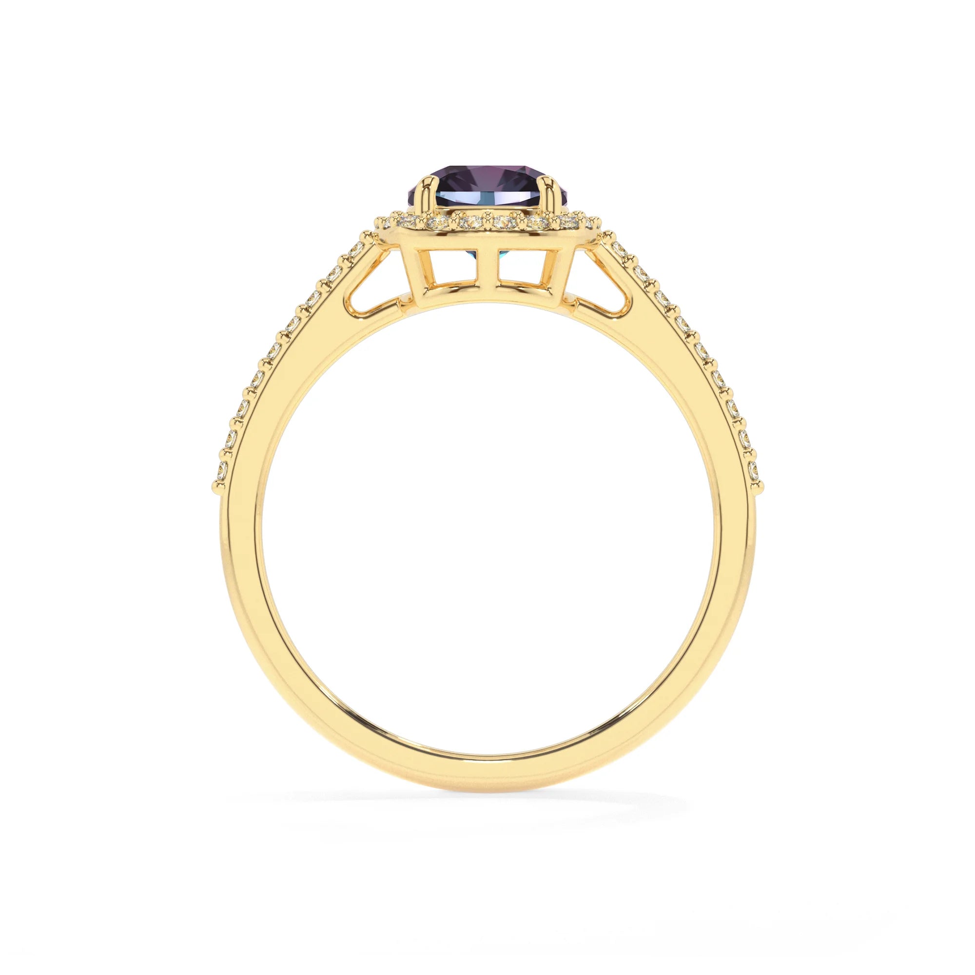 lab grown alexandrite cushion solitaire rings in yellow gold