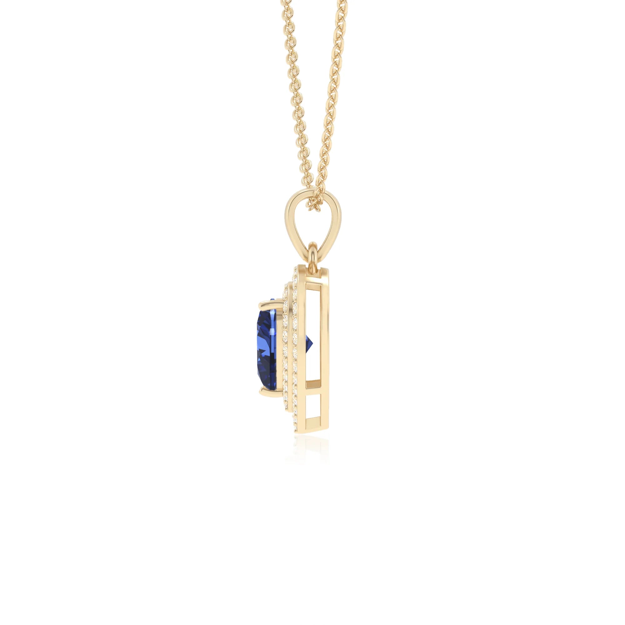 lab grown blue sapphire heart halo necklaces in yellow gold