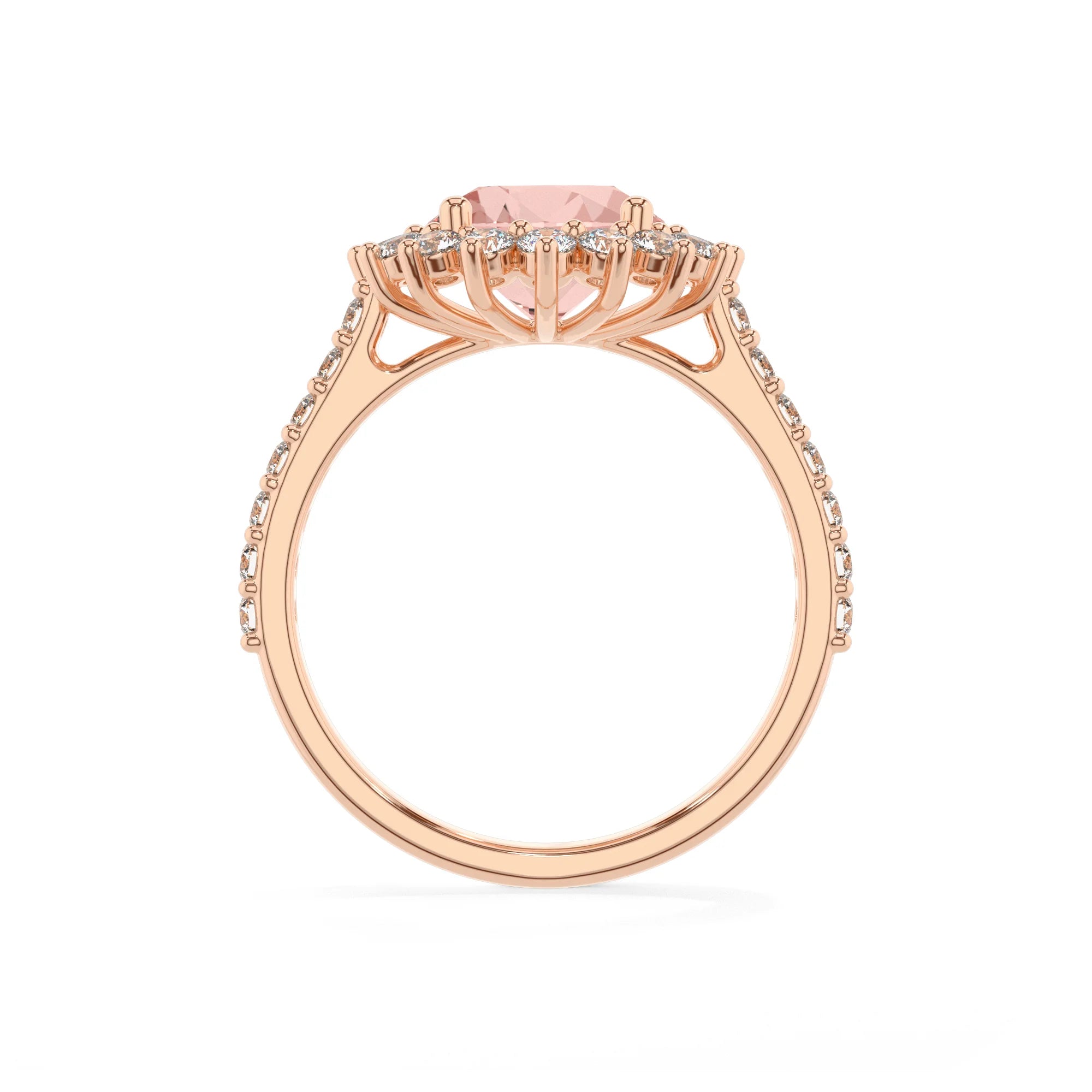 lab grown morganite round solitaire rings in rose gold