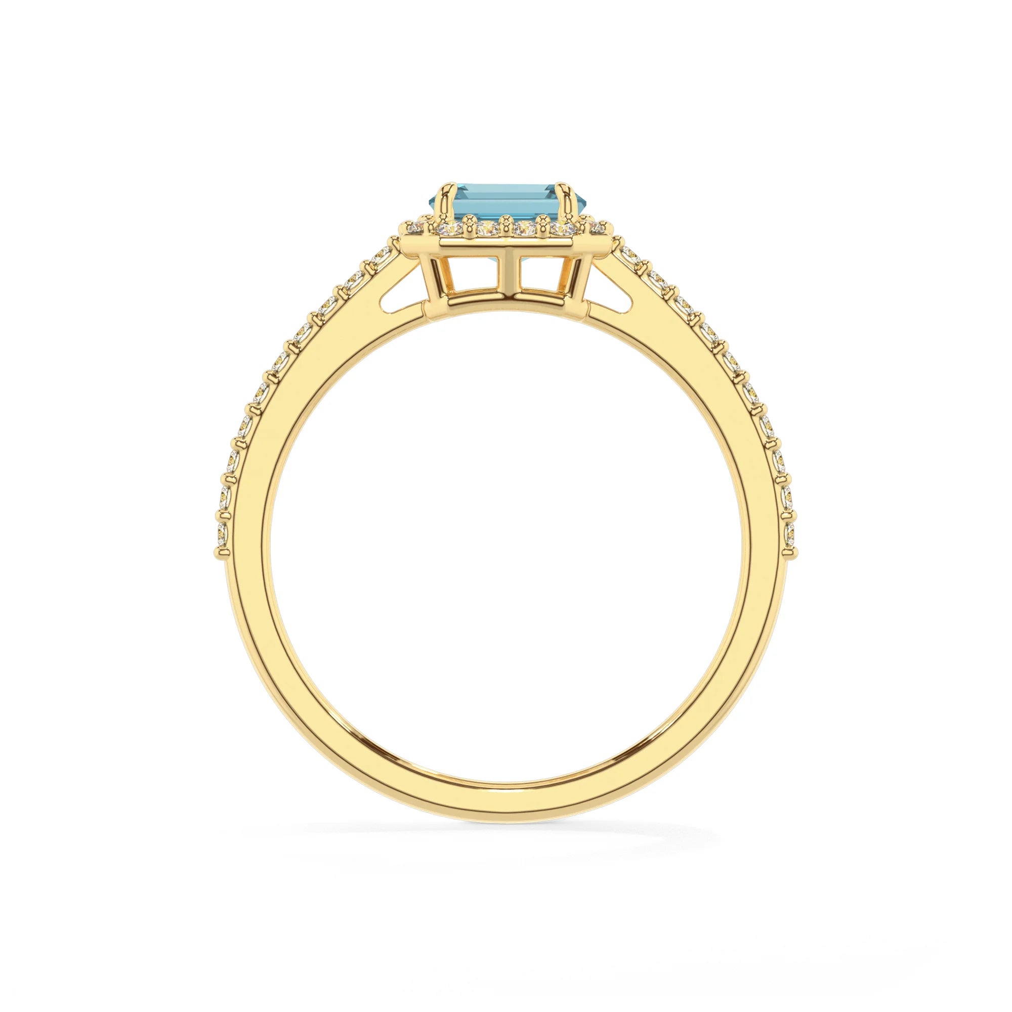 lab grown aquamarine emerald cut solitaire rings in yellow gold