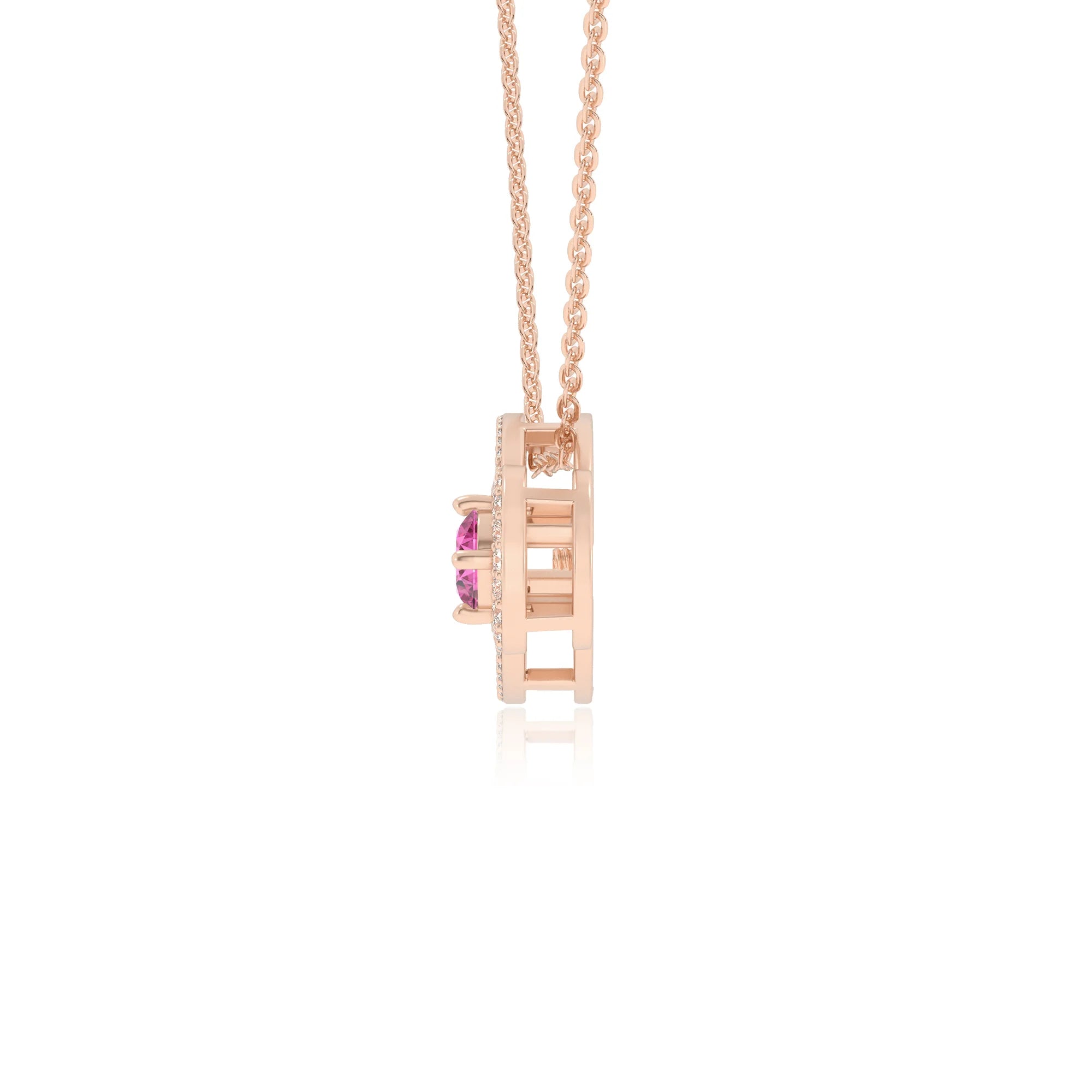 lab grown pink-tourmaline round solitaire necklaces in rose gold