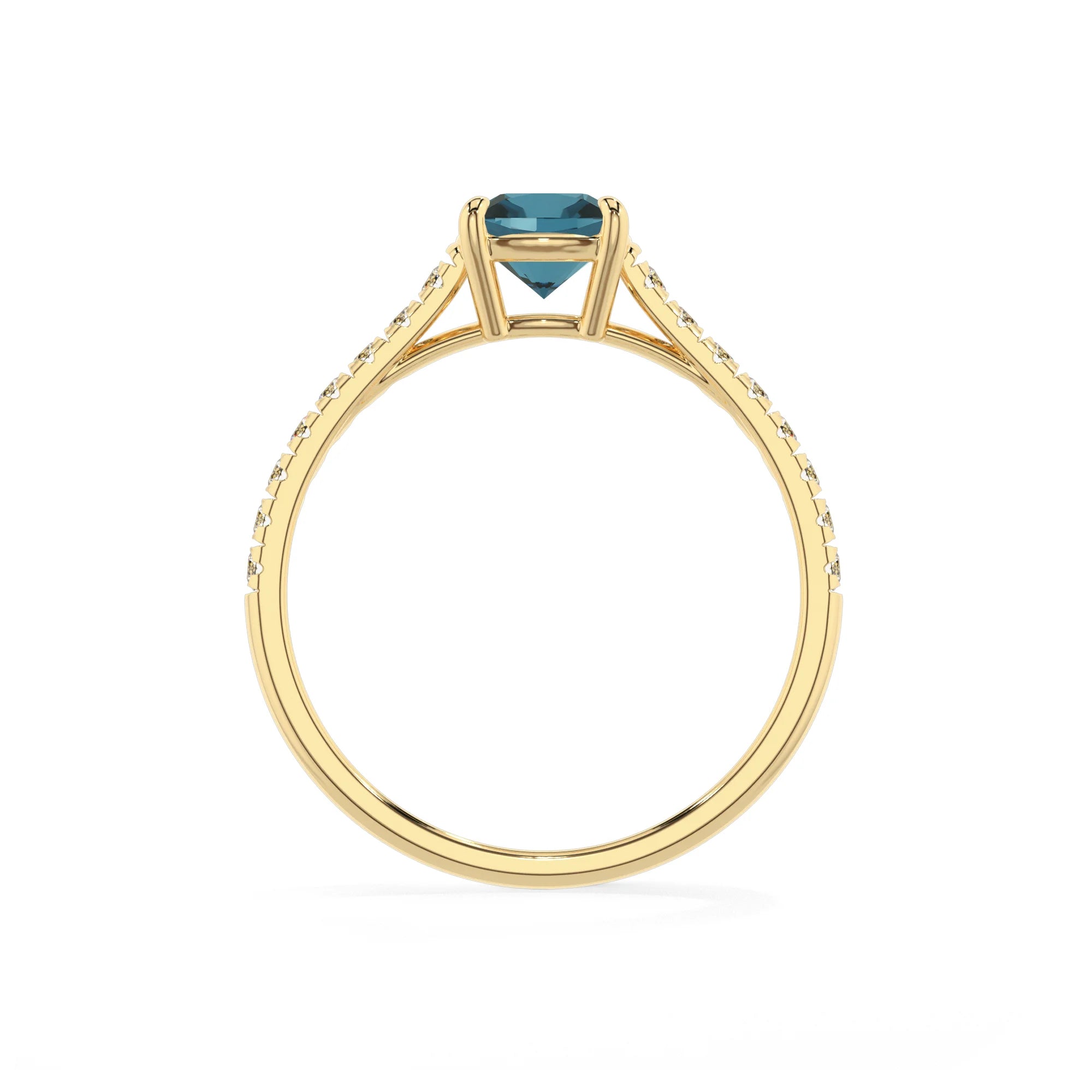 natural london-blue-topaz cushion half eternity solitaire engagement rings in yellow gold