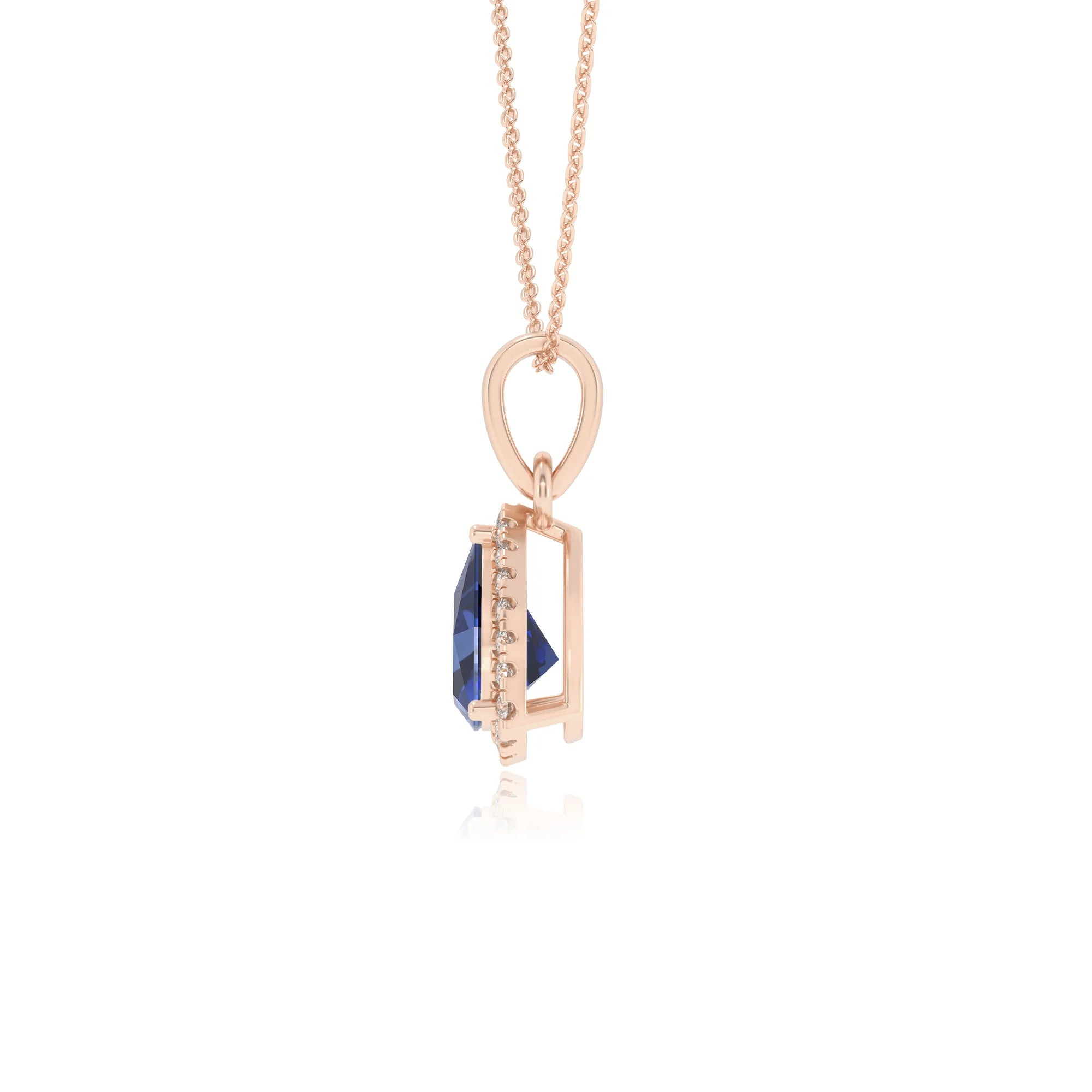 lab grown blue-sapphire trillion solitaire necklaces in rose gold