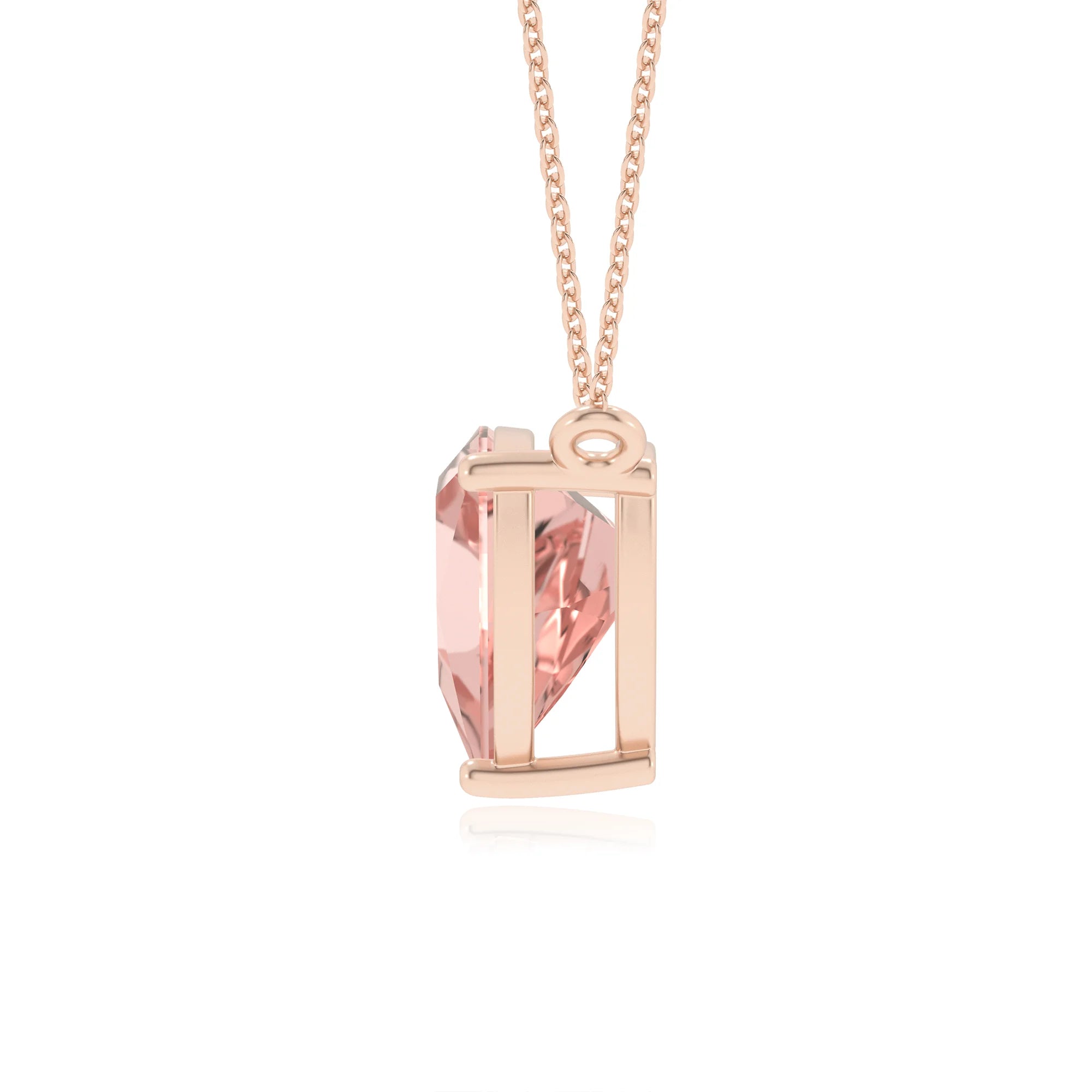 lab grown morganite trillion solitaire necklaces in rose gold