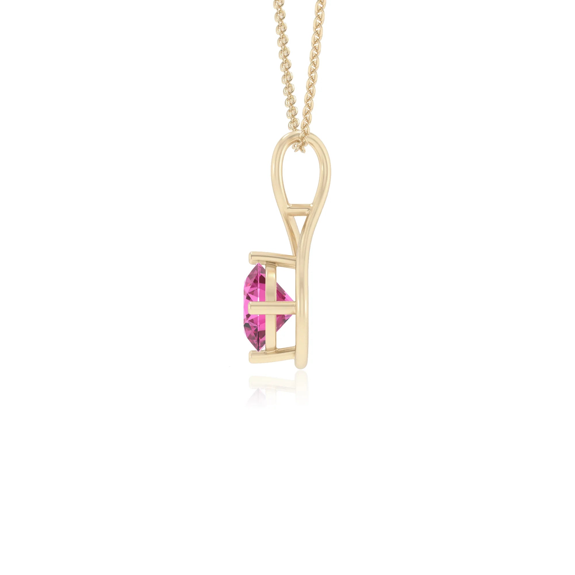 lab grown pink-sapphire round solitaire necklaces in yellow gold
