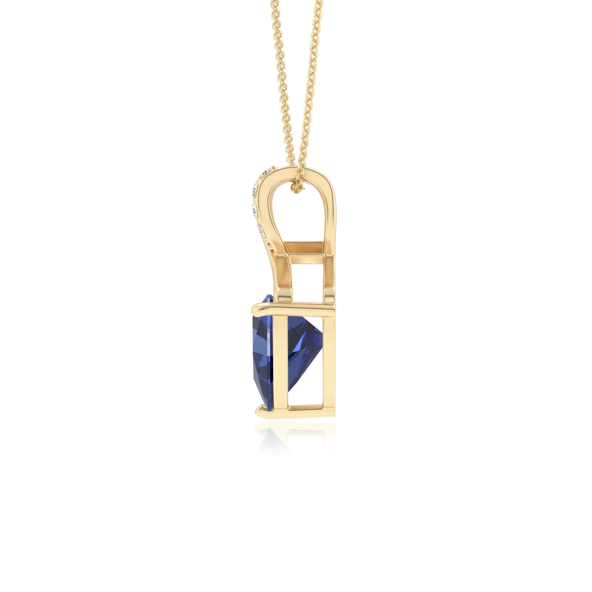 lab grown blue-sapphire trillion solitaire necklaces in yellow gold