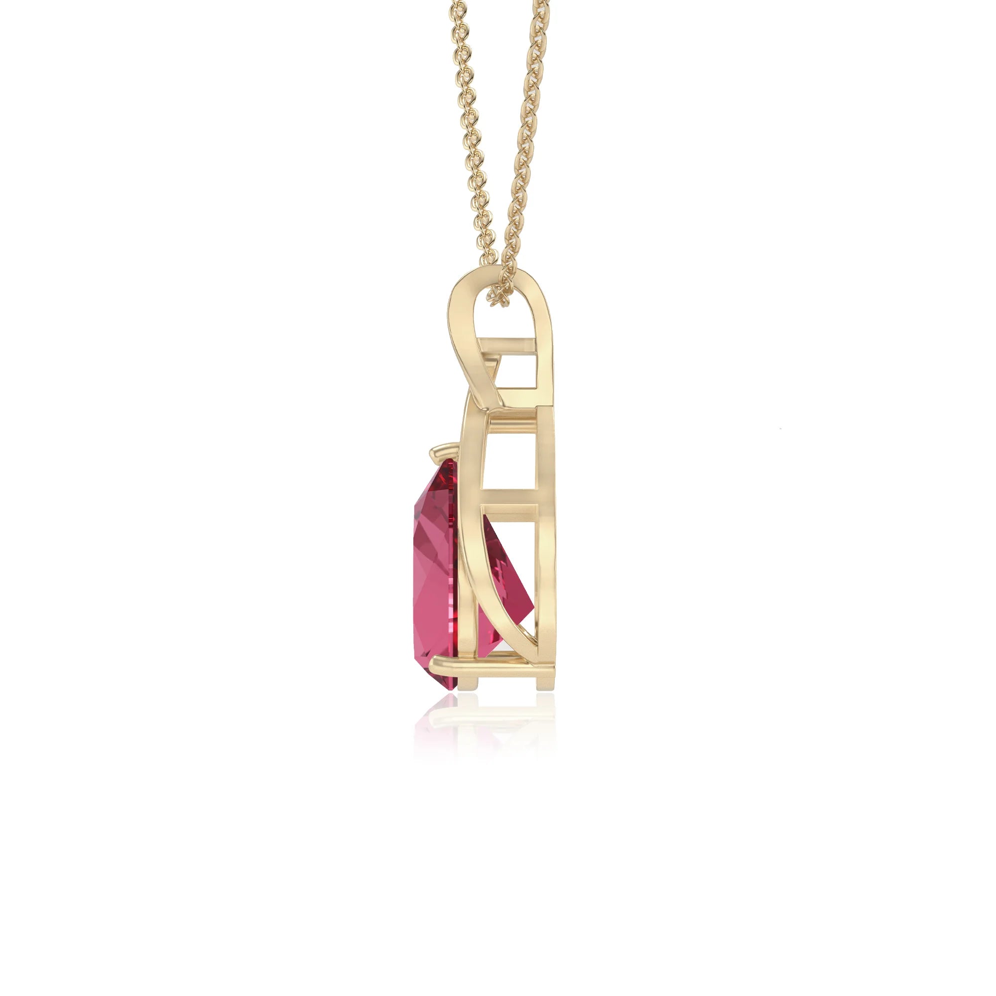 lab grown pink-tourmaline pear solitaire necklaces in yellow gold