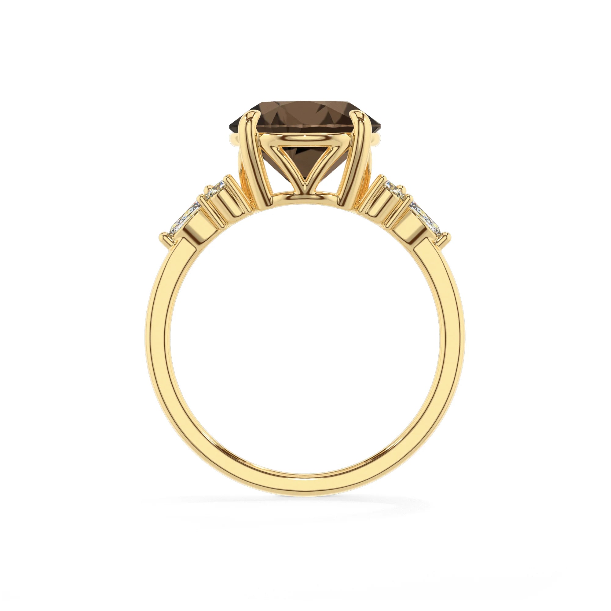 natural smoky-quartz round solitaire rings in yellow gold