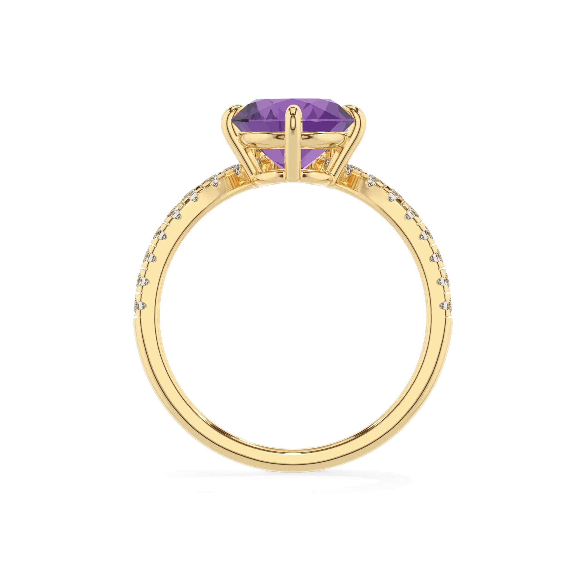 lab grown amethyst round solitaire rings in yellow gold