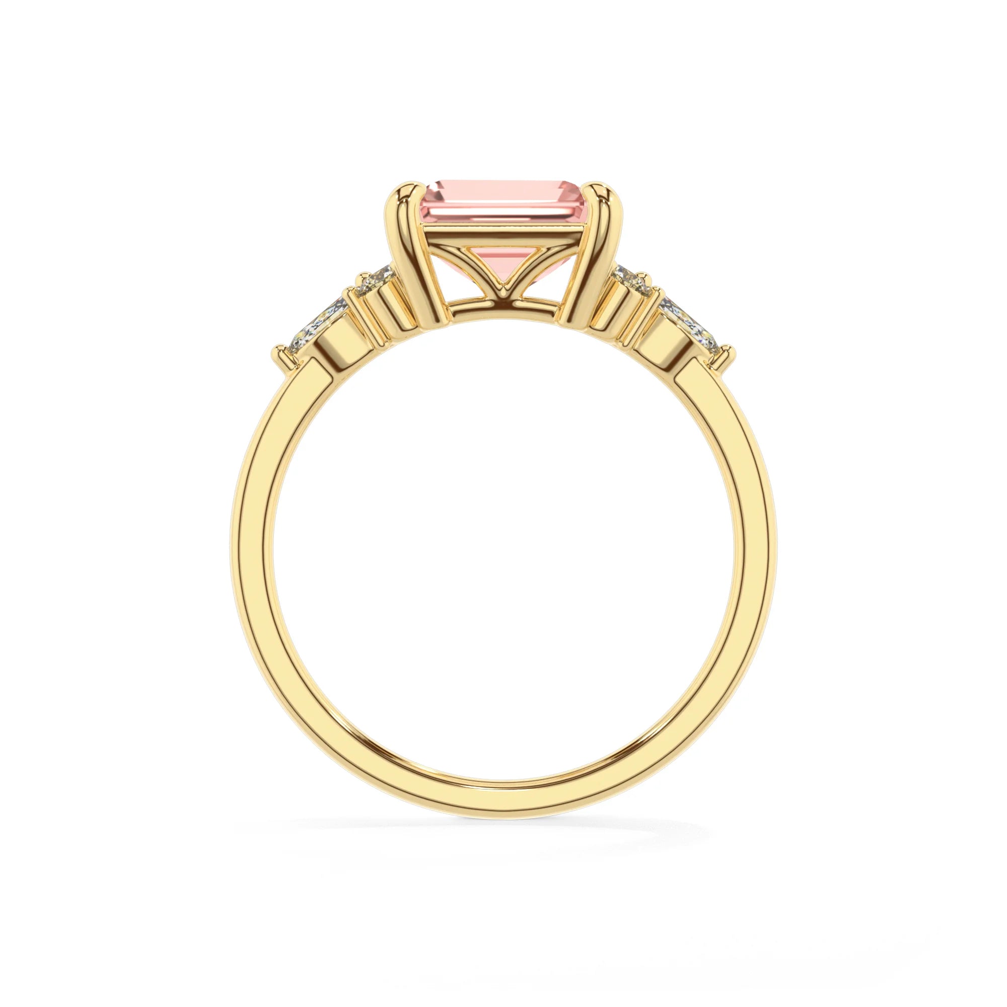 lab grown morganite emerald cut solitaire rings in yellow gold