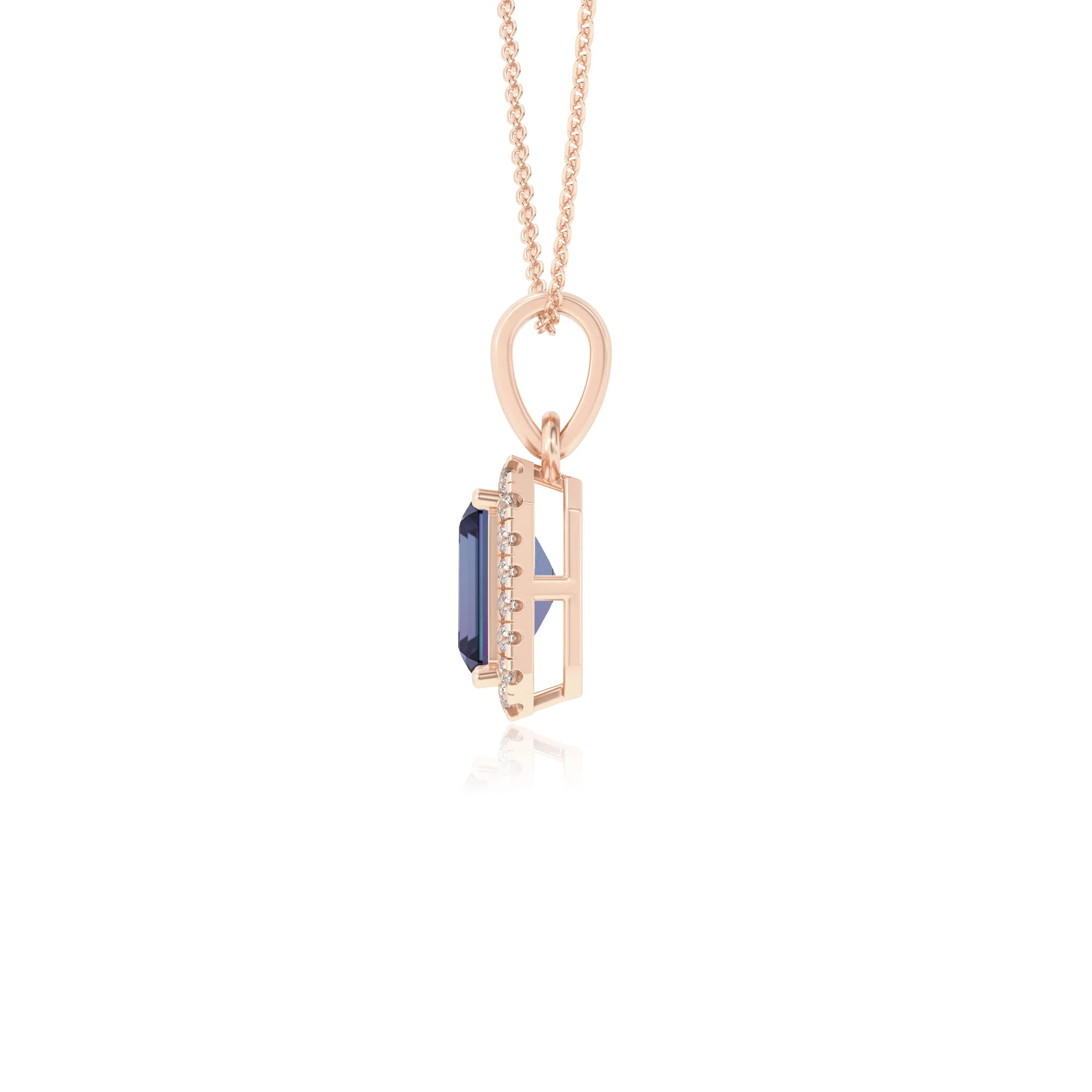 lab grown alexandrite emerald cut solitaire necklaces in rose gold