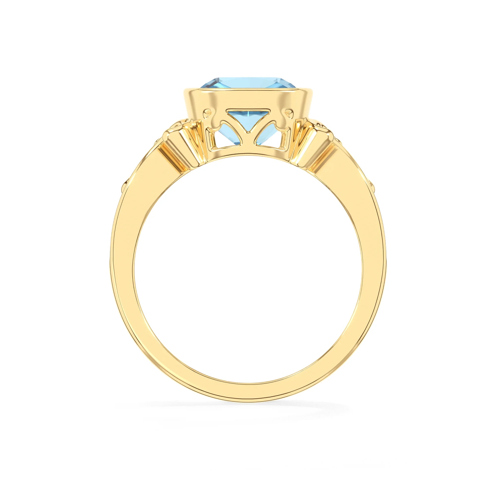 lab grown aquamarine cushion solitaire rings in yellow gold