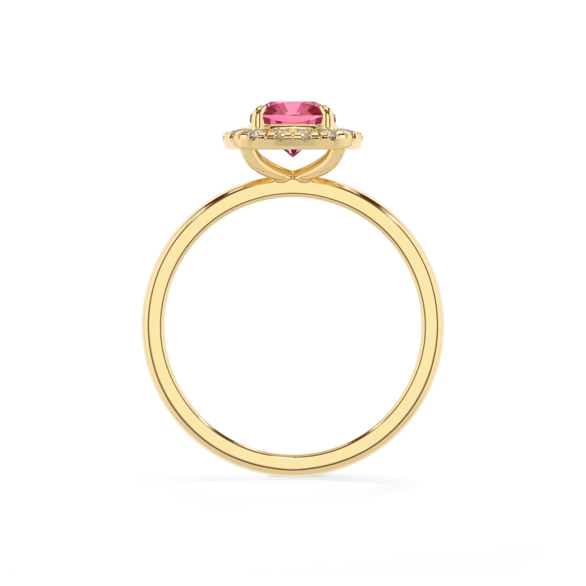 lab grown pink-tourmaline cushion solitaire rings in yellow gold