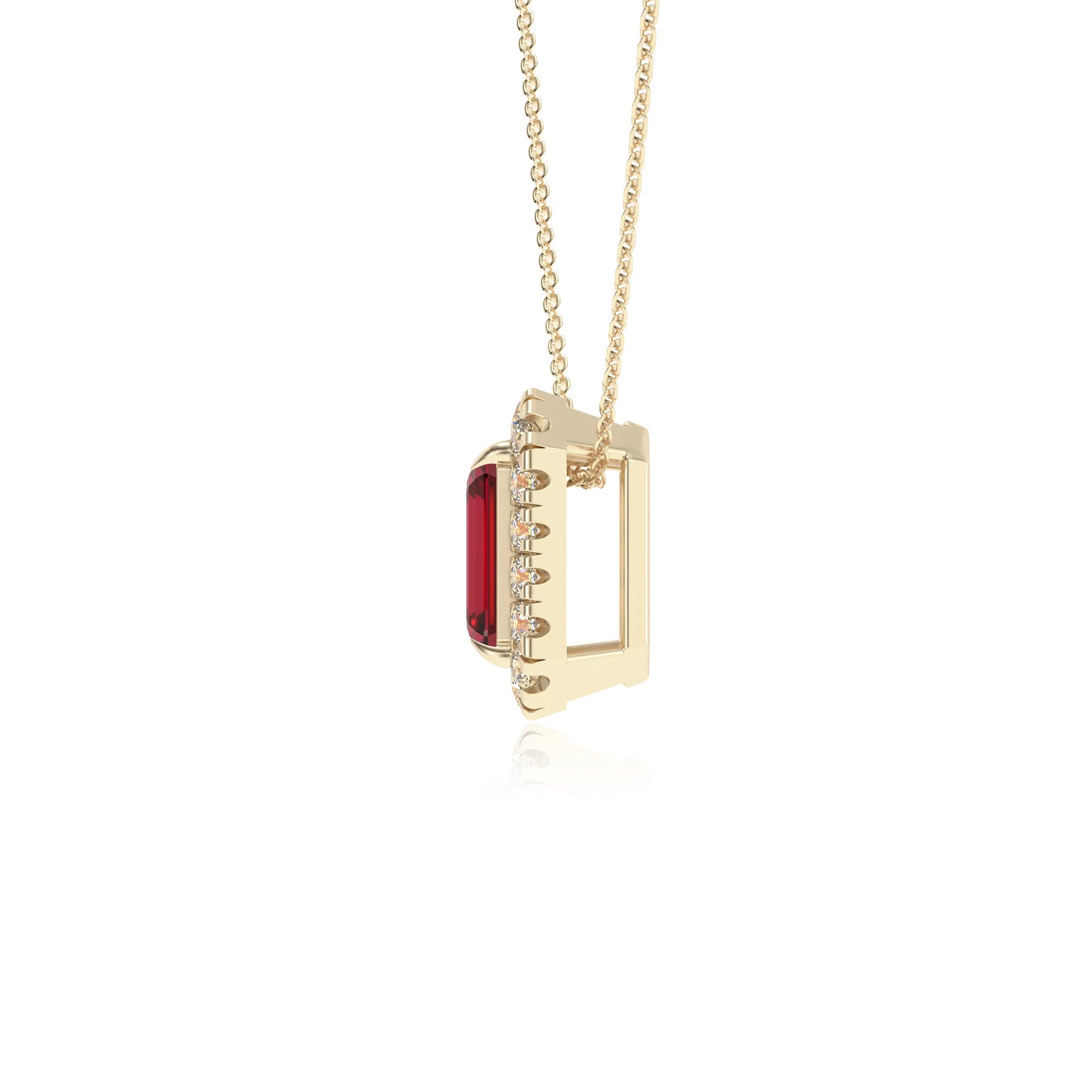 lab grown ruby emerald cut solitaire necklaces in yellow gold