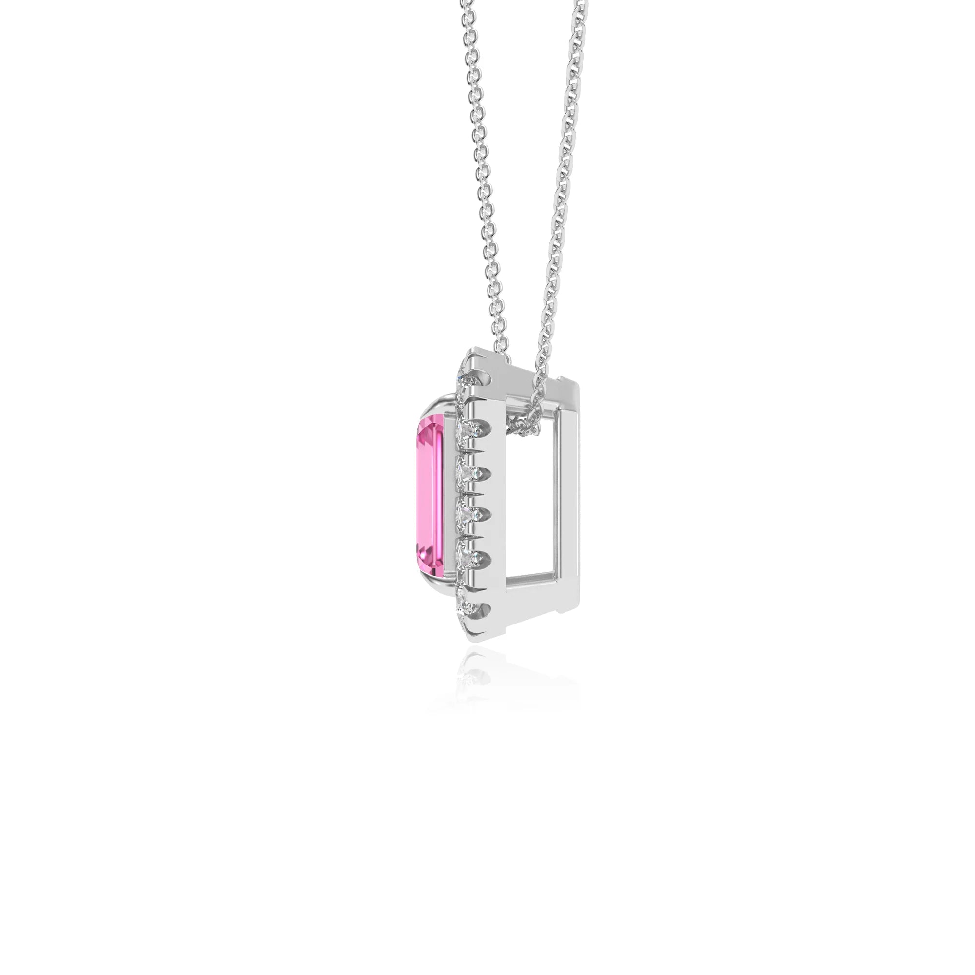 lab grown pink sapphire emerald cut solitaire necklaces in white gold