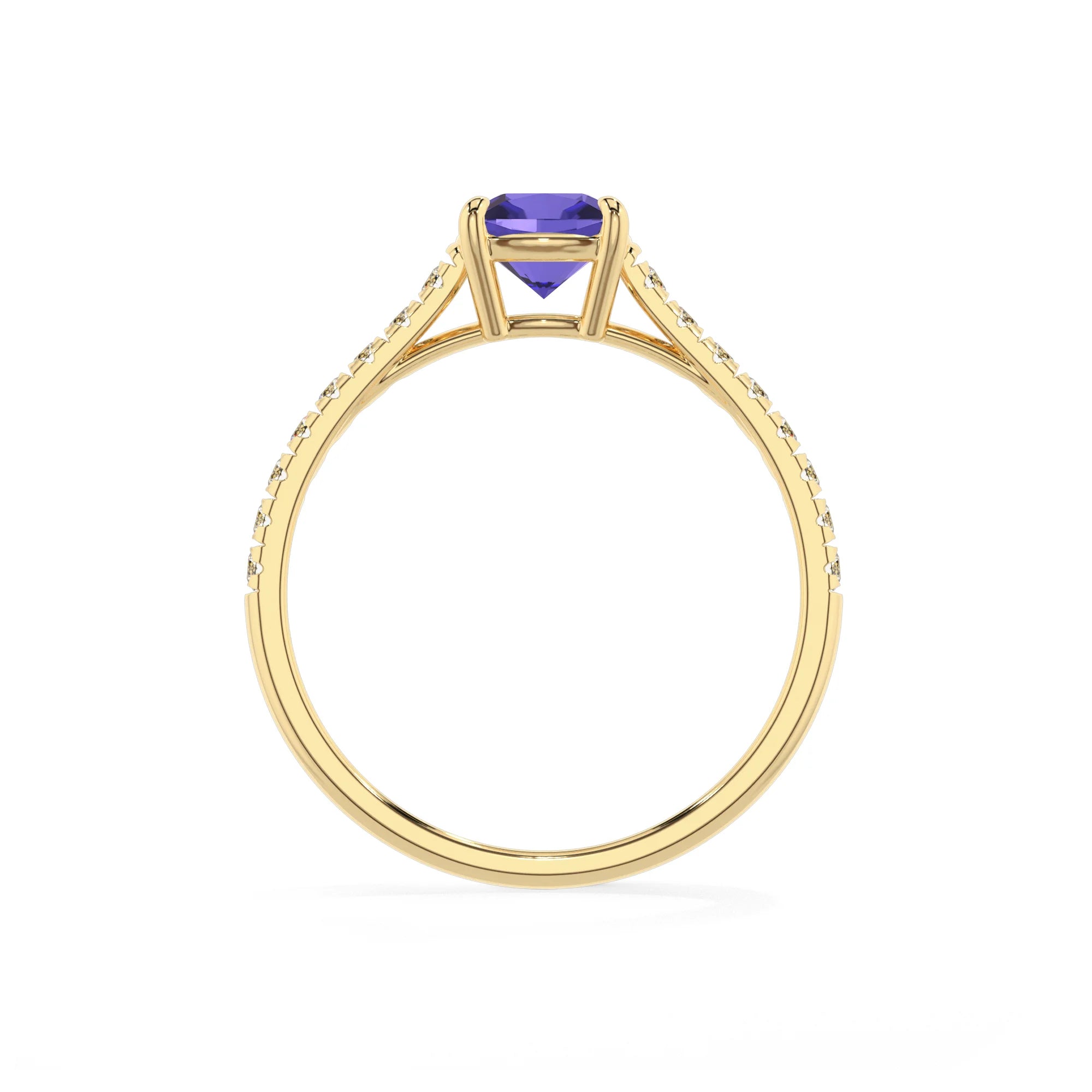 lab grown tanzanite cushion half eternity solitaire engagement rings in yellow gold