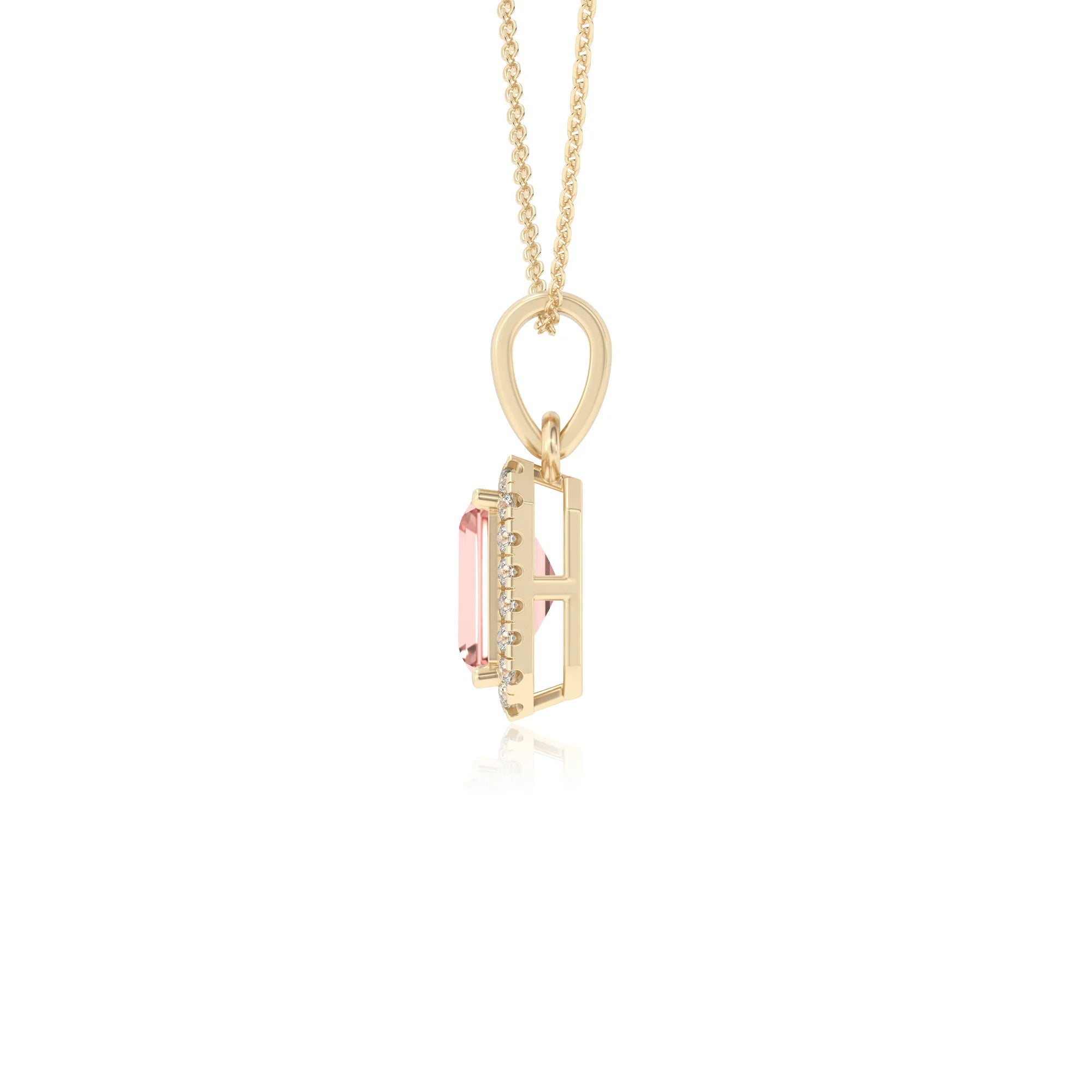 lab grown morganite emerald cut solitaire necklaces in yellow gold