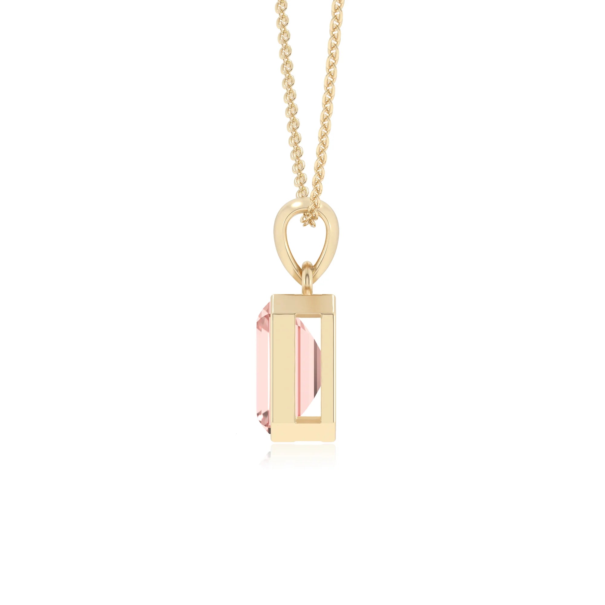 lab grown morganite emerald cut solitaire necklaces in yellow gold
