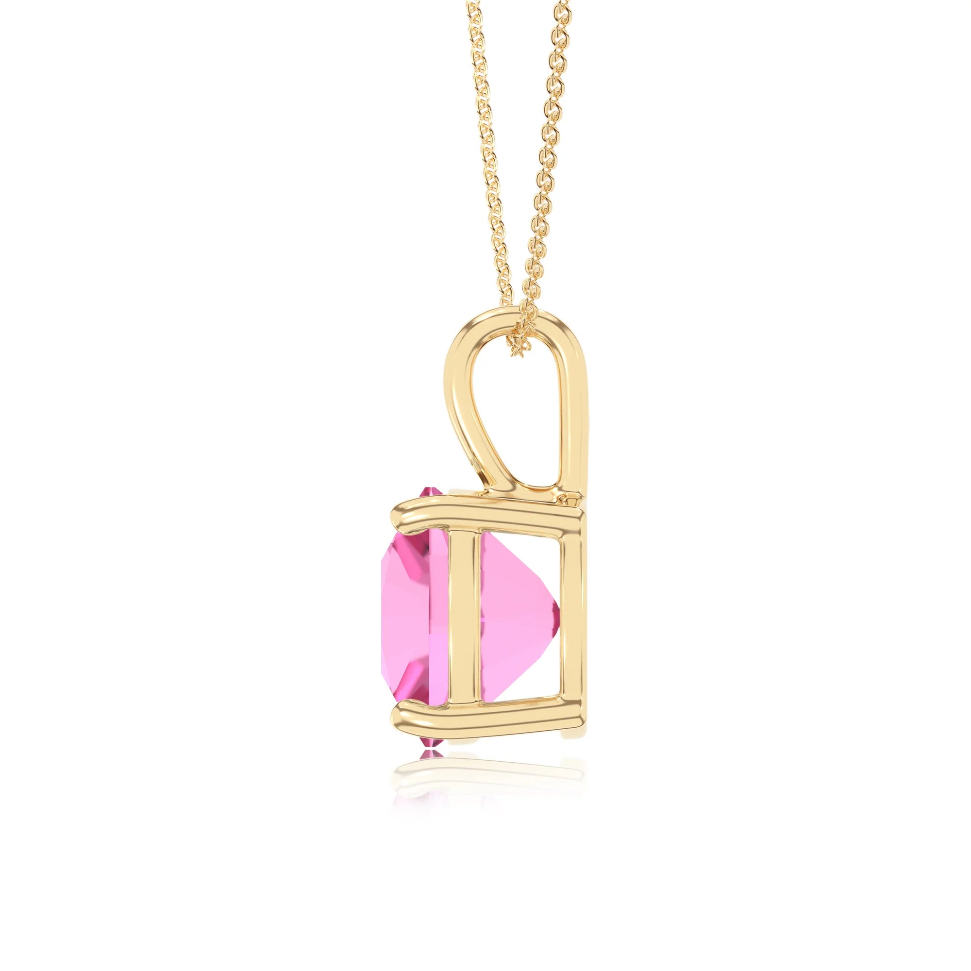 lab grown pink-sapphire cushion solitaire necklaces in yellow gold