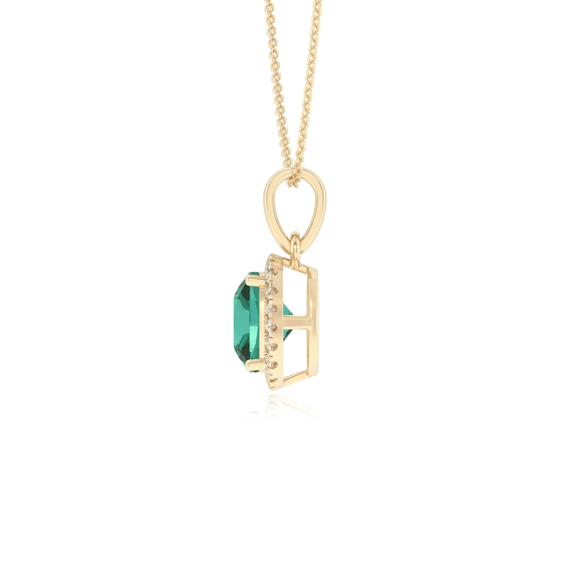 lab grown emerald cushion solitaire necklaces in yellow gold
