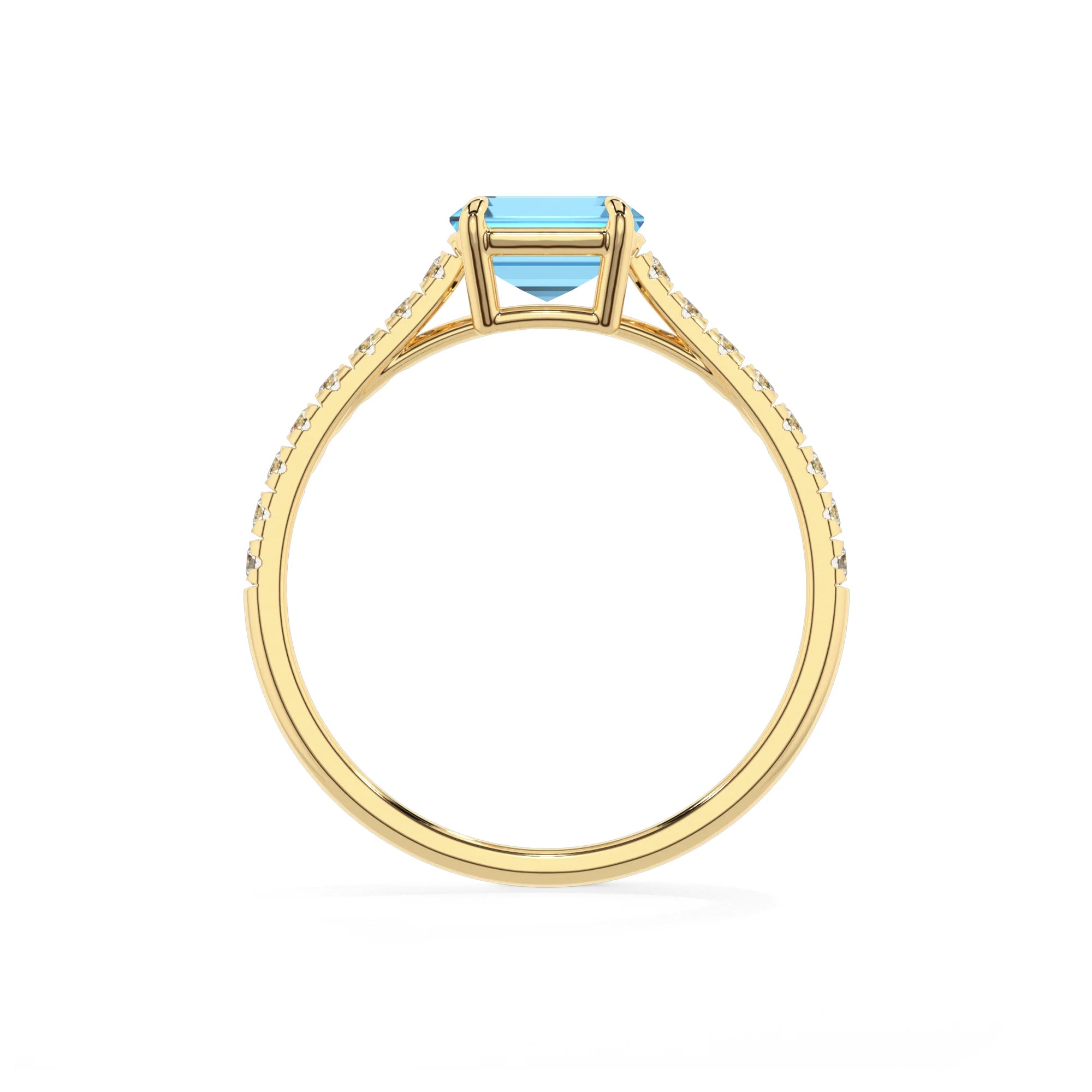 natural swiss-blue-topaz emerald cut half eternity solitaire engagement rings in yellow gold