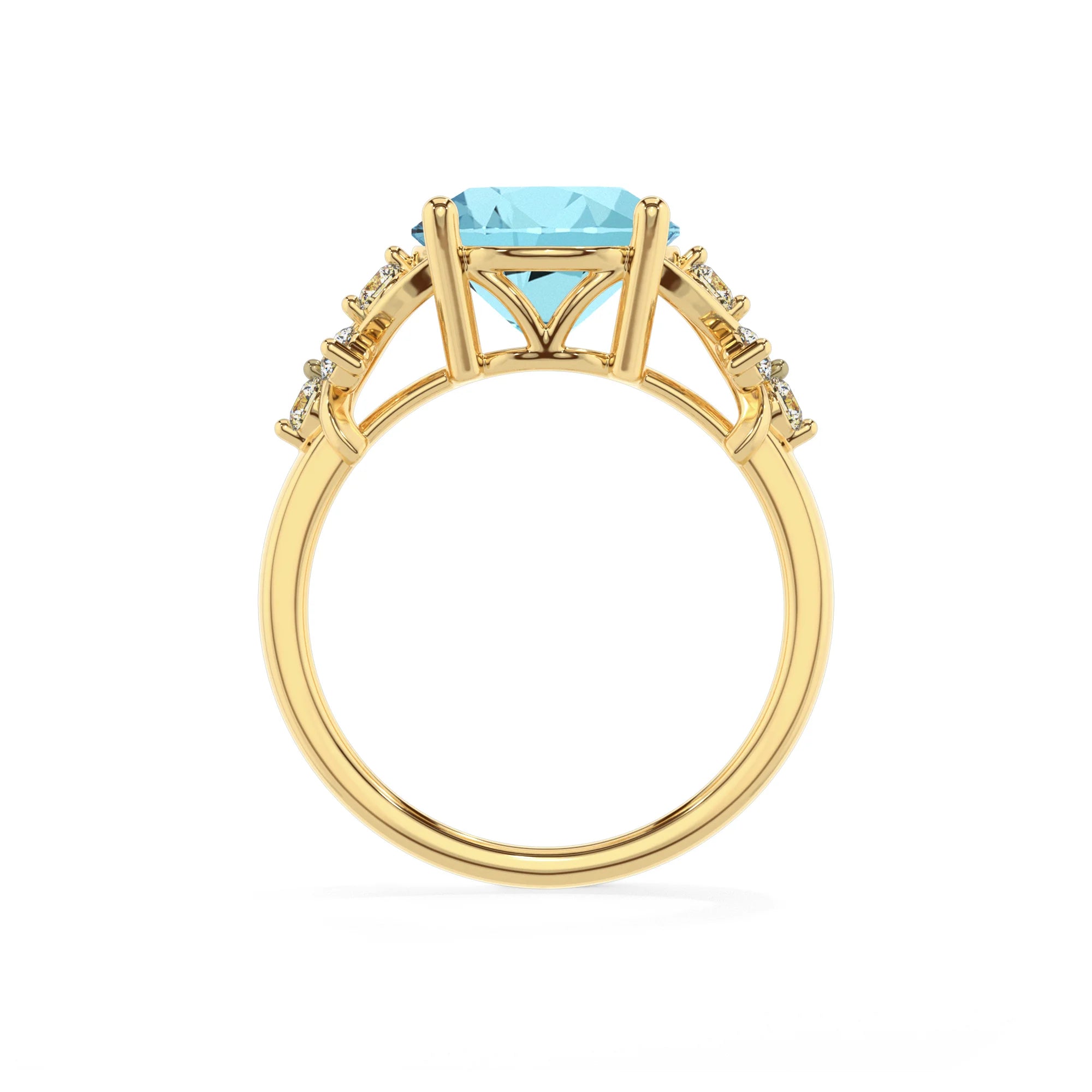 lab grown aquamarine round solitaire rings in yellow gold