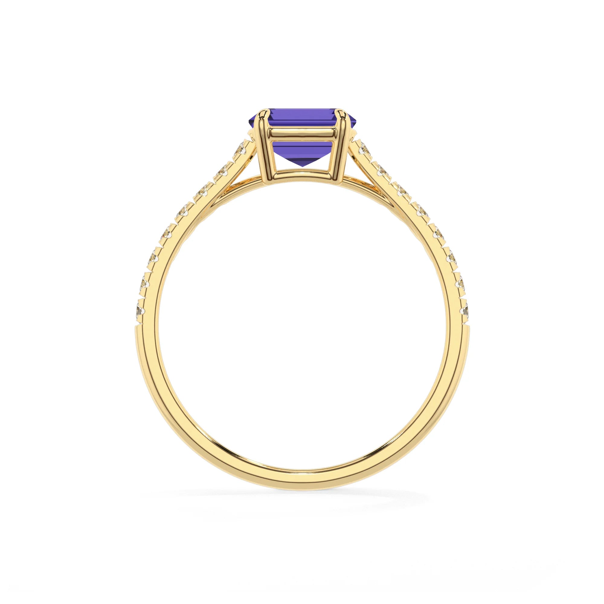 lab grown tanzanite emerald cut half eternity solitaire engagement rings in yellow gold