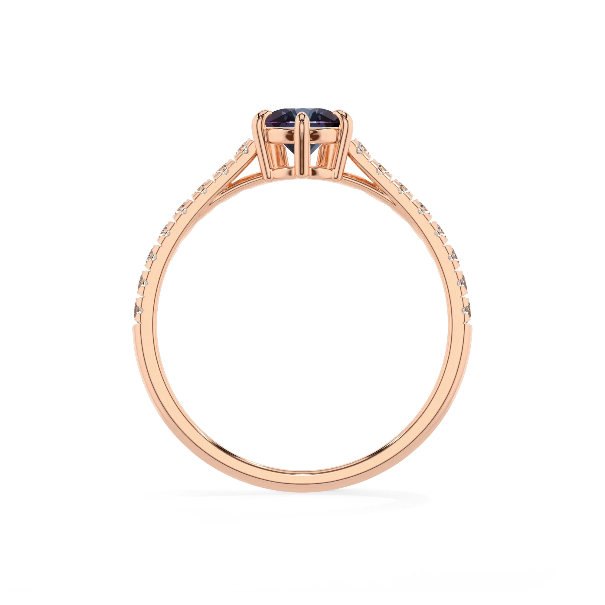 lab grown alexandrite pear half eternity solitaire engagement rings in rose gold