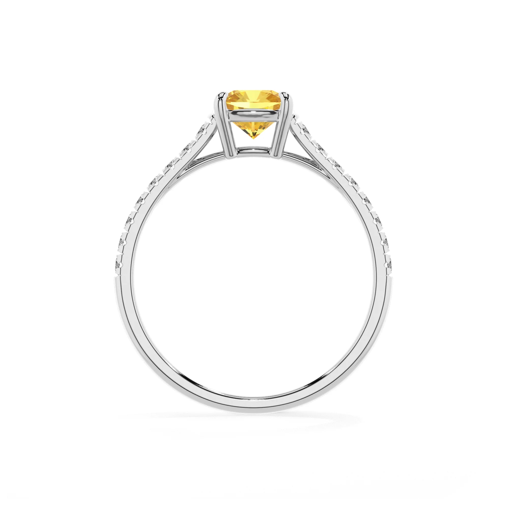 lab grown yellow-sapphire cushion half eternity solitaire engagement rings in platinum