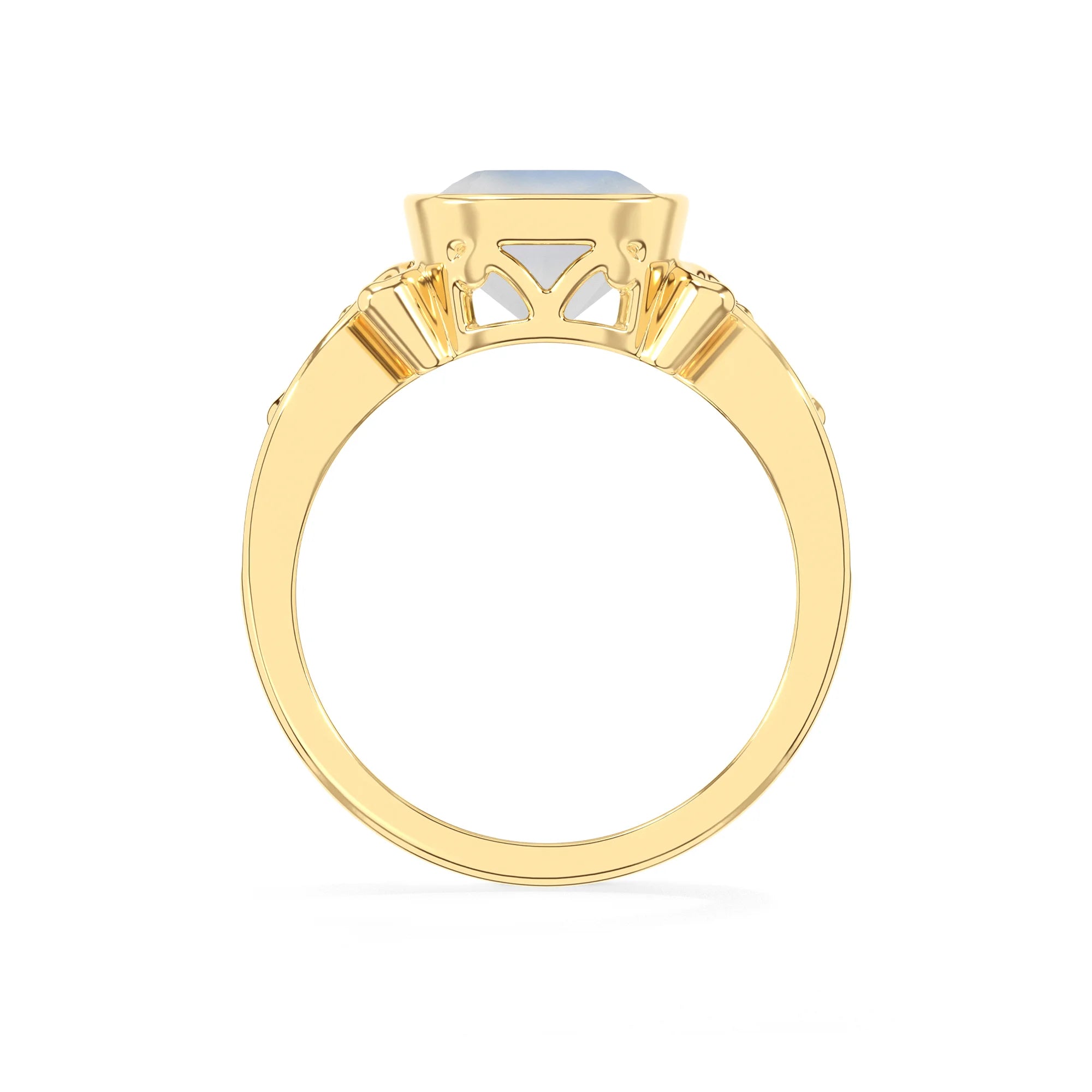 natural rainbow-moonstone cushion solitaire rings in yellow gold