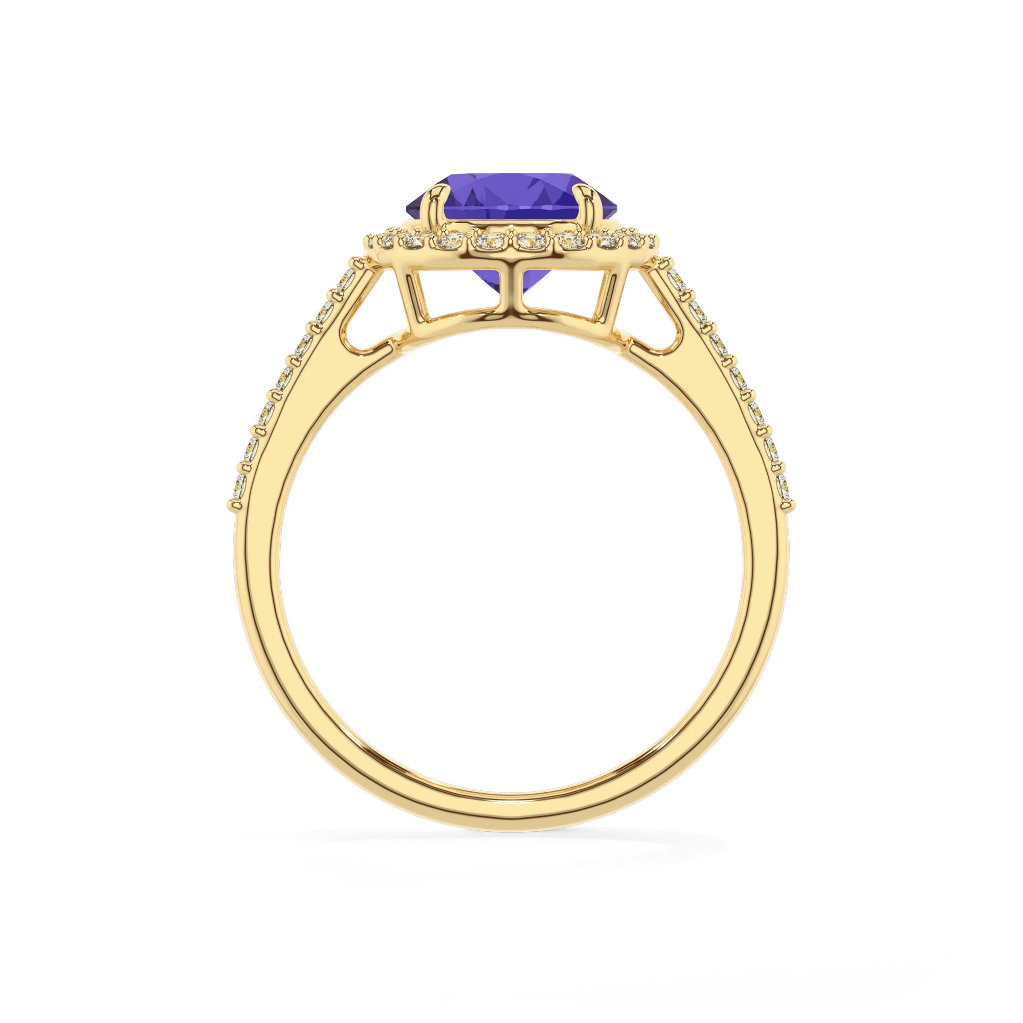 lab grown tanzanite round solitaire rings in yellow gold
