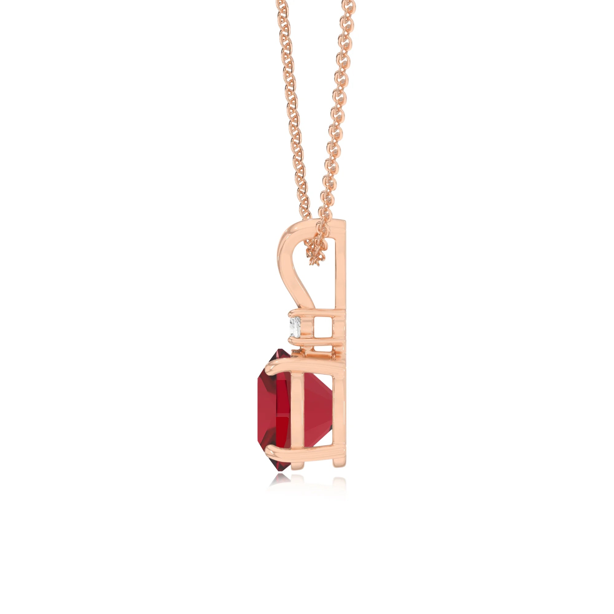 lab grown ruby cushion solitaire v-bale necklaces in rose gold