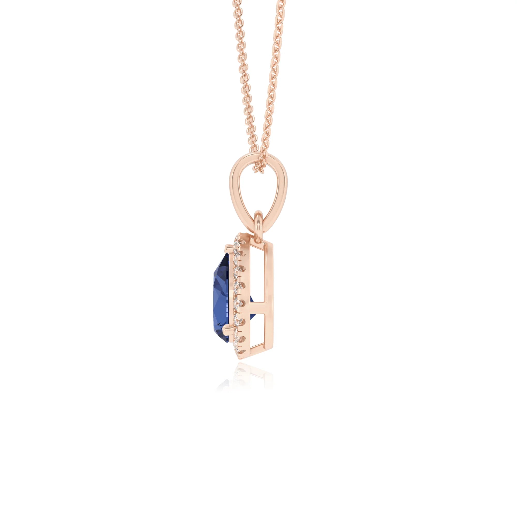 lab grown blue-sapphire pear solitaire necklaces in rose gold
