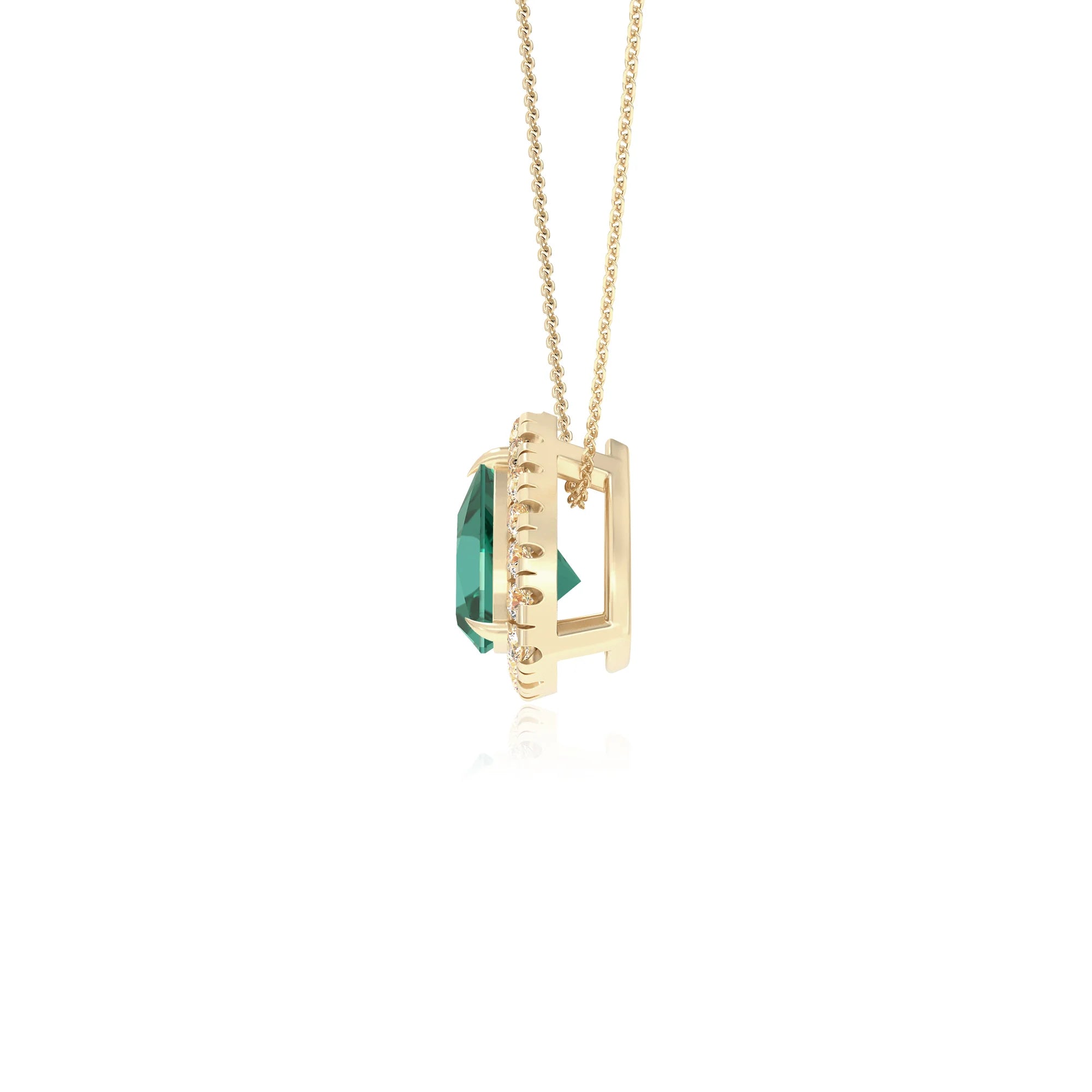 lab grown emerald trillion solitaire necklaces in yellow gold