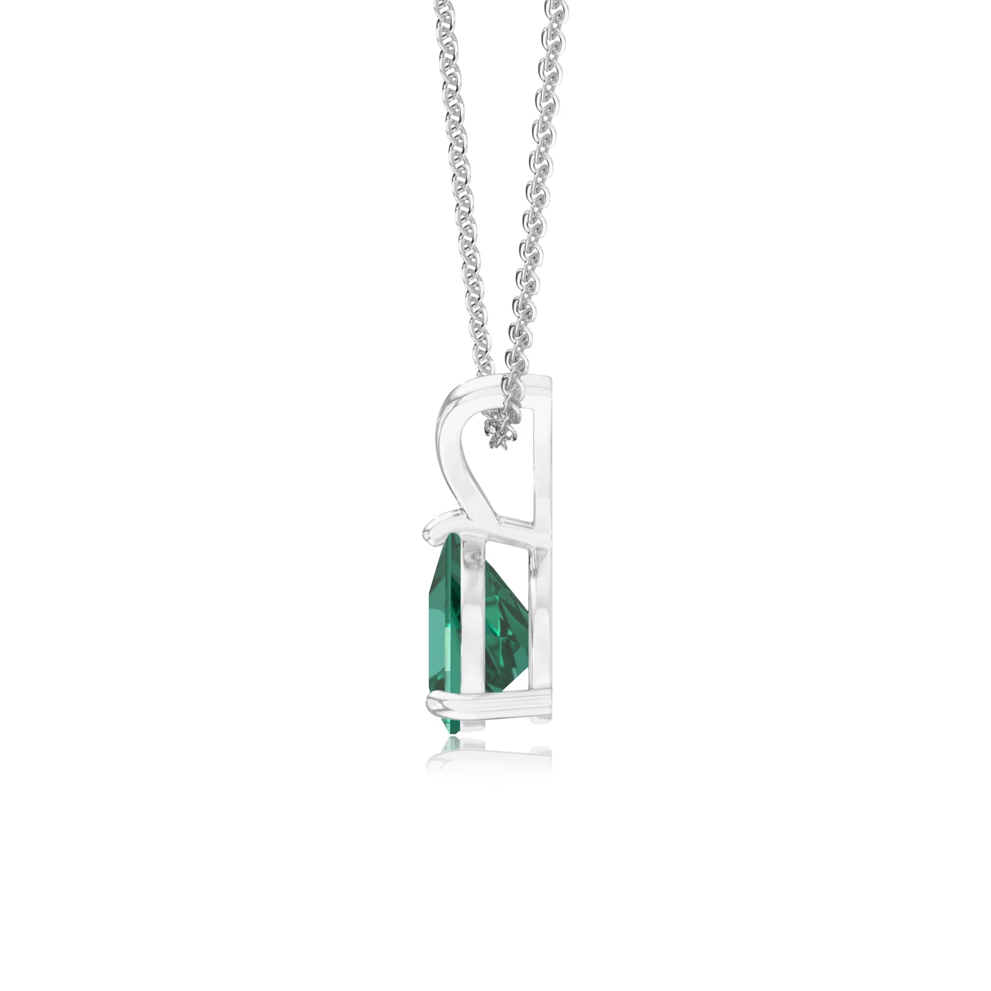 lab grown emerald trillion solitaire v-bale necklaces in white gold