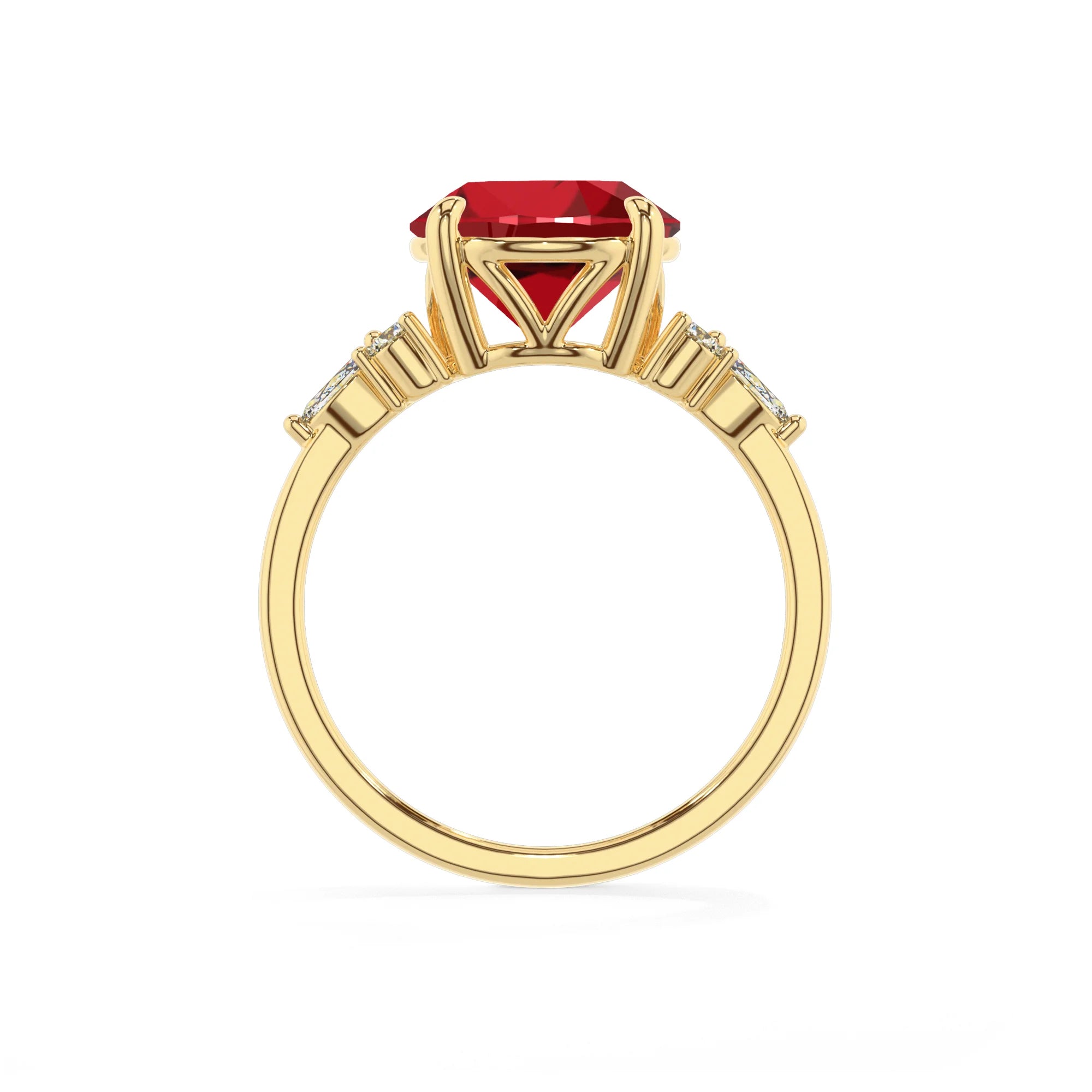 lab grown ruby round solitaire rings in yellow gold
