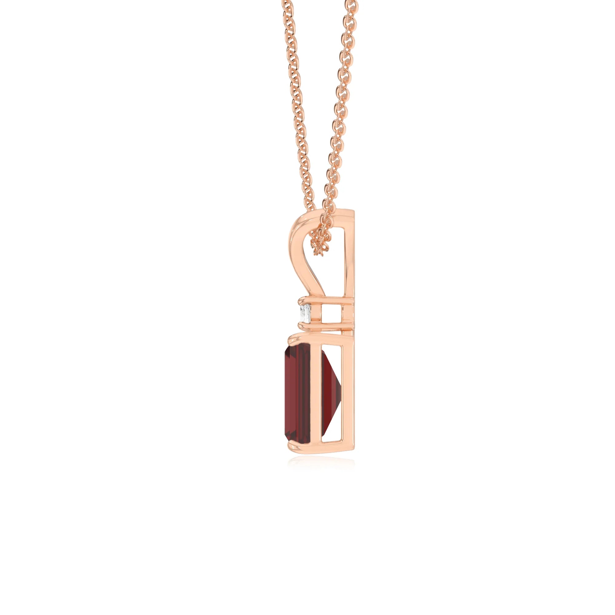 natural garnet emerald cut solitaire v-bale necklaces in rose gold