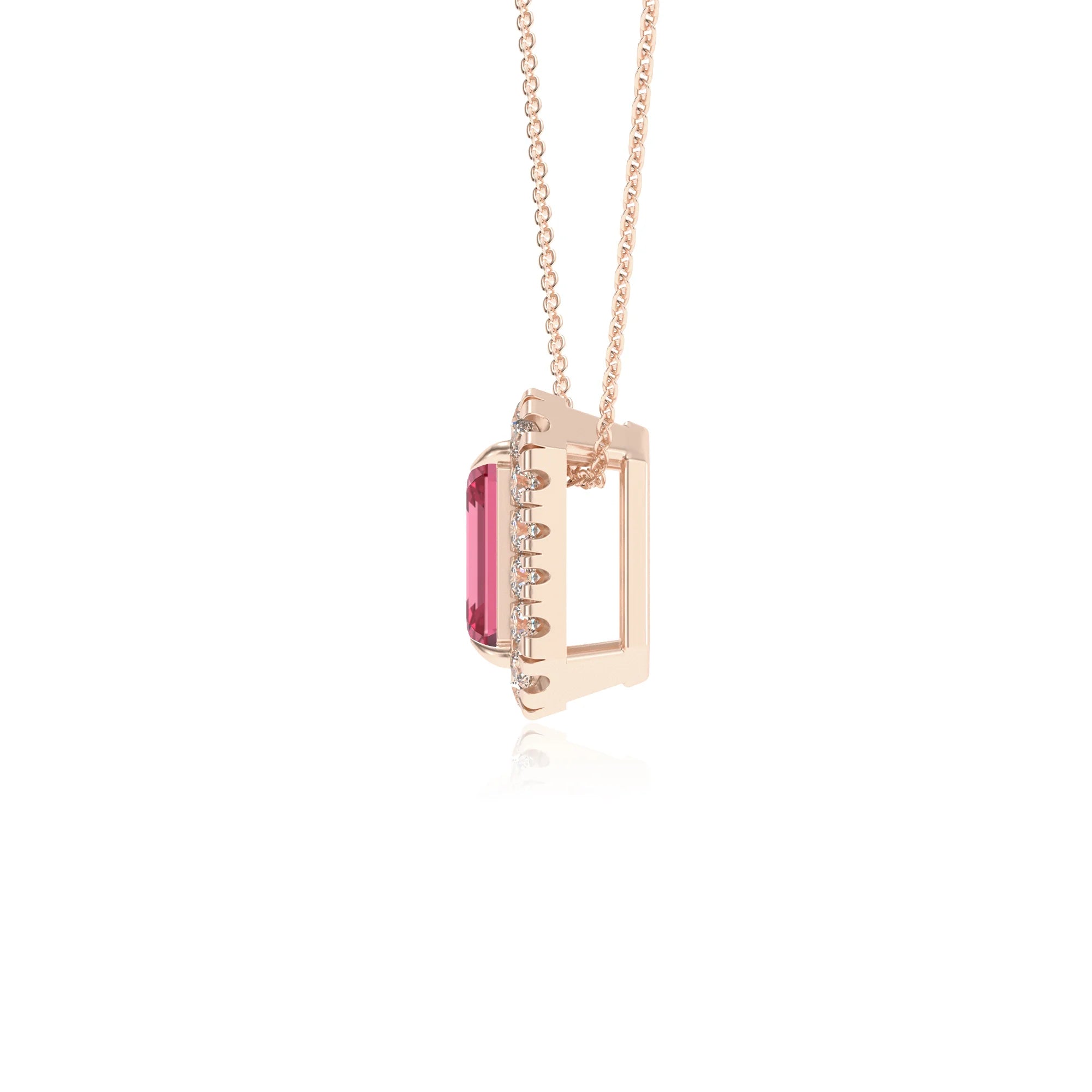 lab grown pink tourmaline emerald cut solitaire necklaces in rose gold