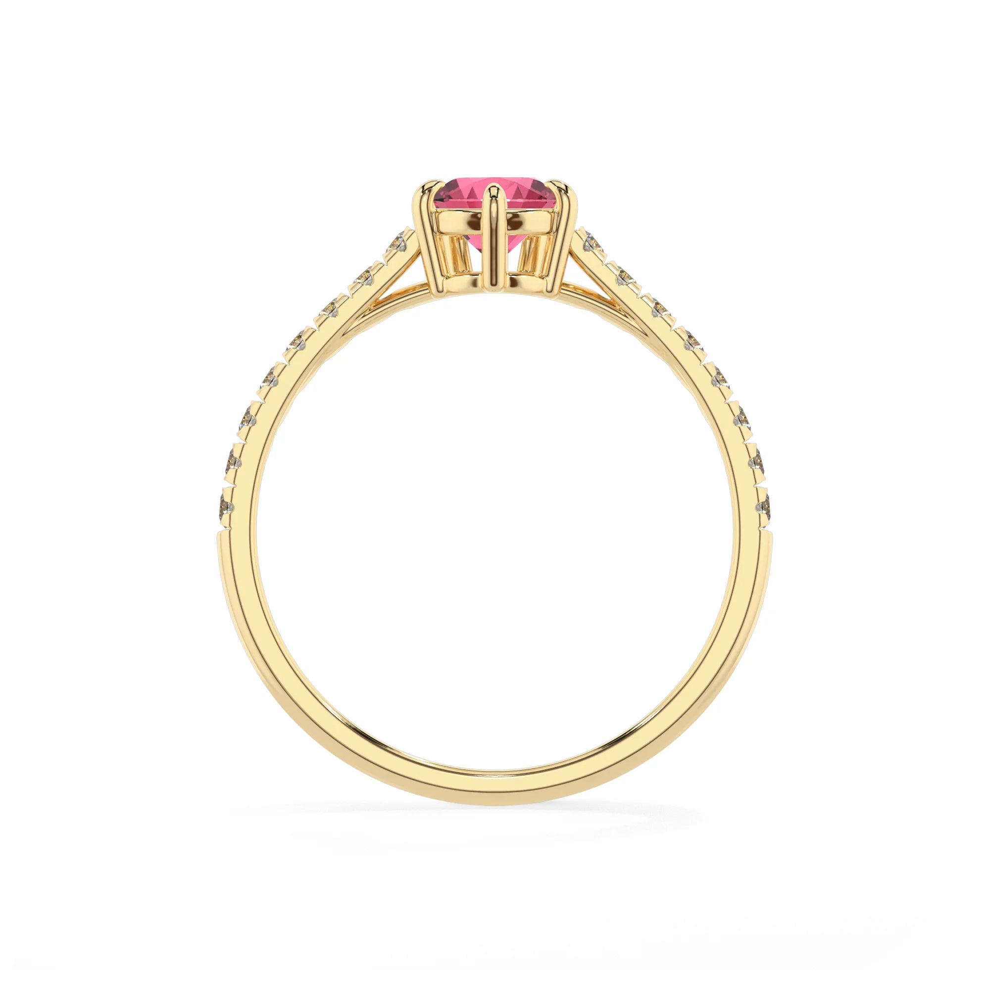 lab grown pink-tourmaline pear half eternity solitaire engagement rings in yellow gold
