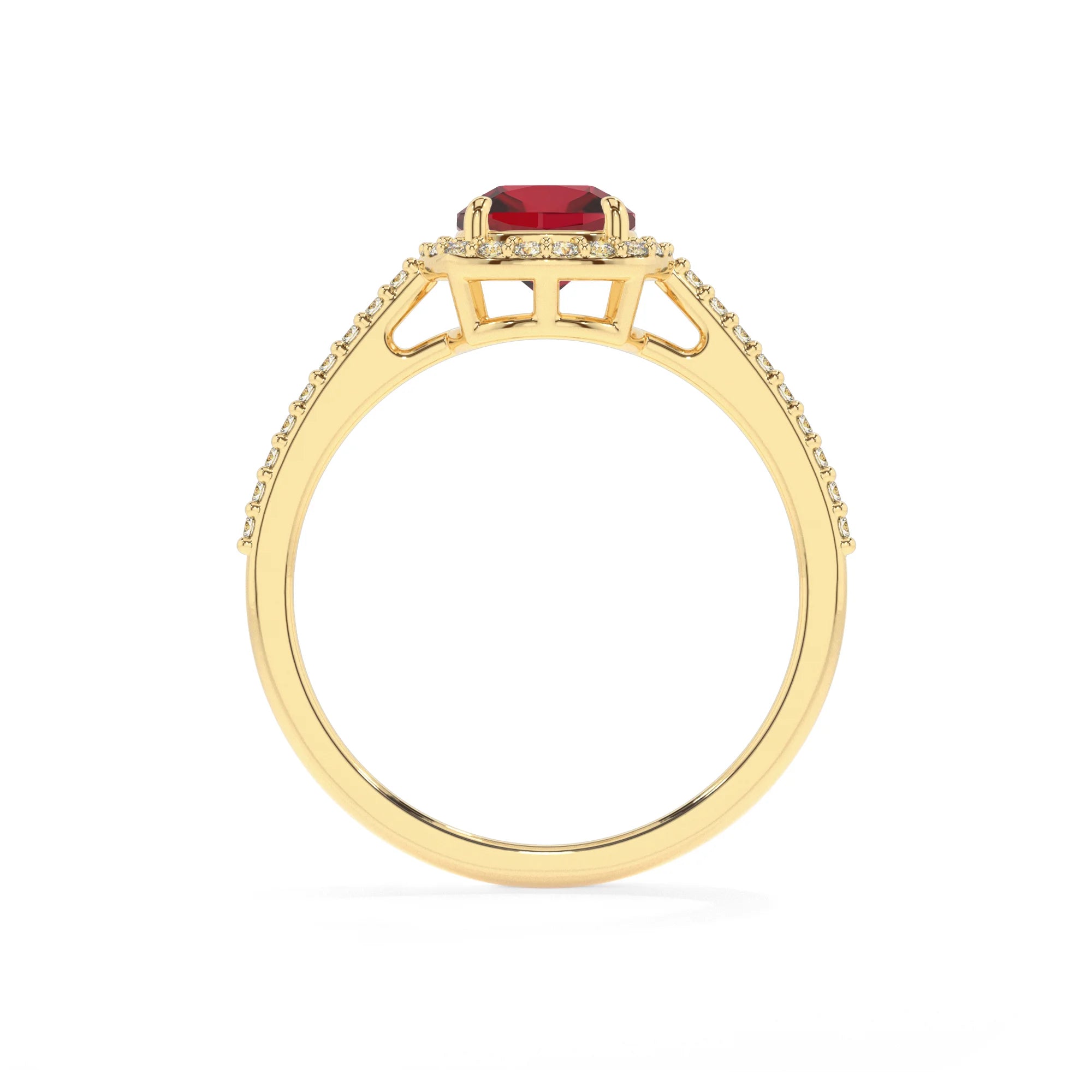lab grown ruby cushion solitaire rings in yellow gold