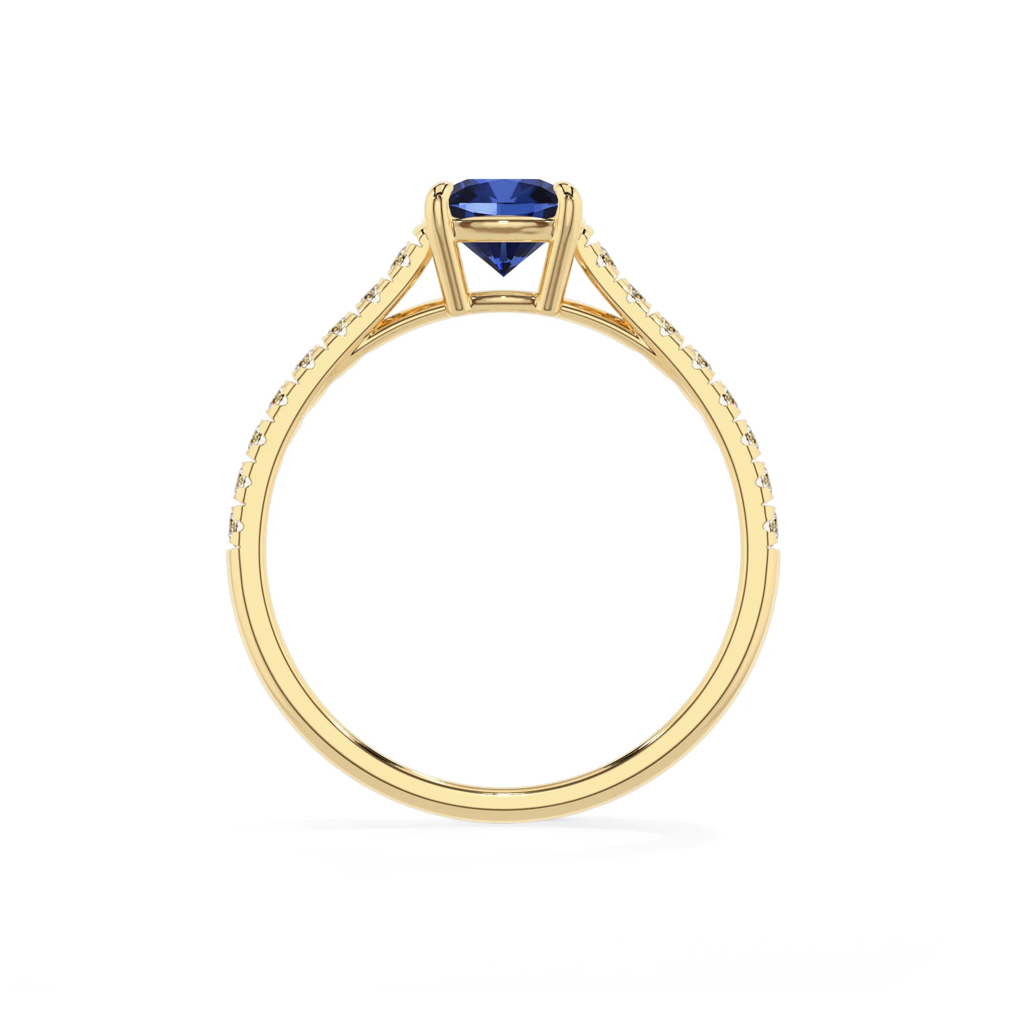 lab grown blue-sapphire cushion half eternity solitaire engagement rings in yellow gold
