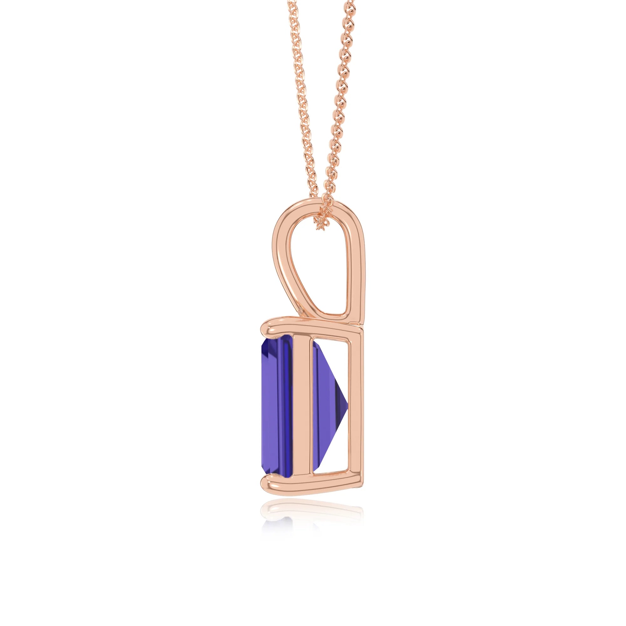 lab grown tanzanite emerald cut solitaire necklaces in rose gold